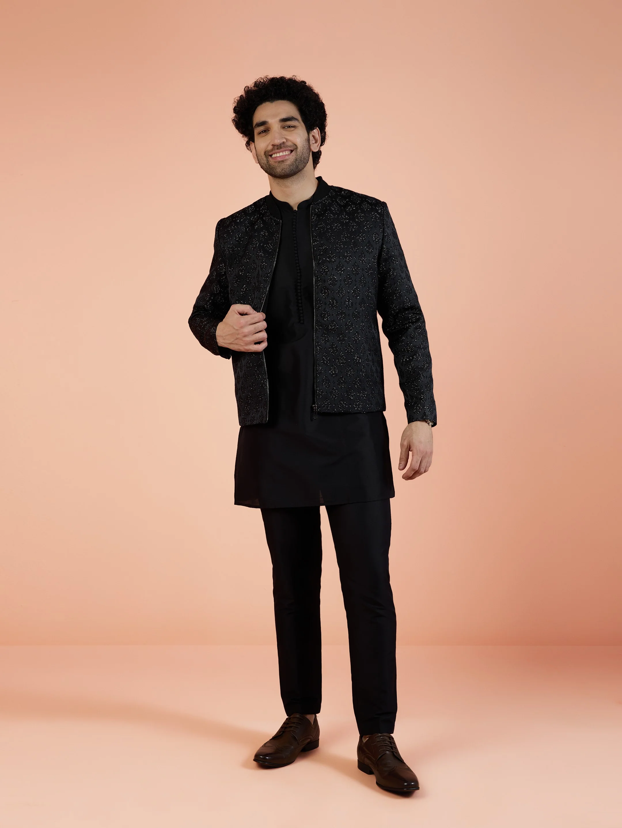 Men Black Woven Design Kurta Bomber Jacket Trouser Set with Ethnic Motifs - Image 4