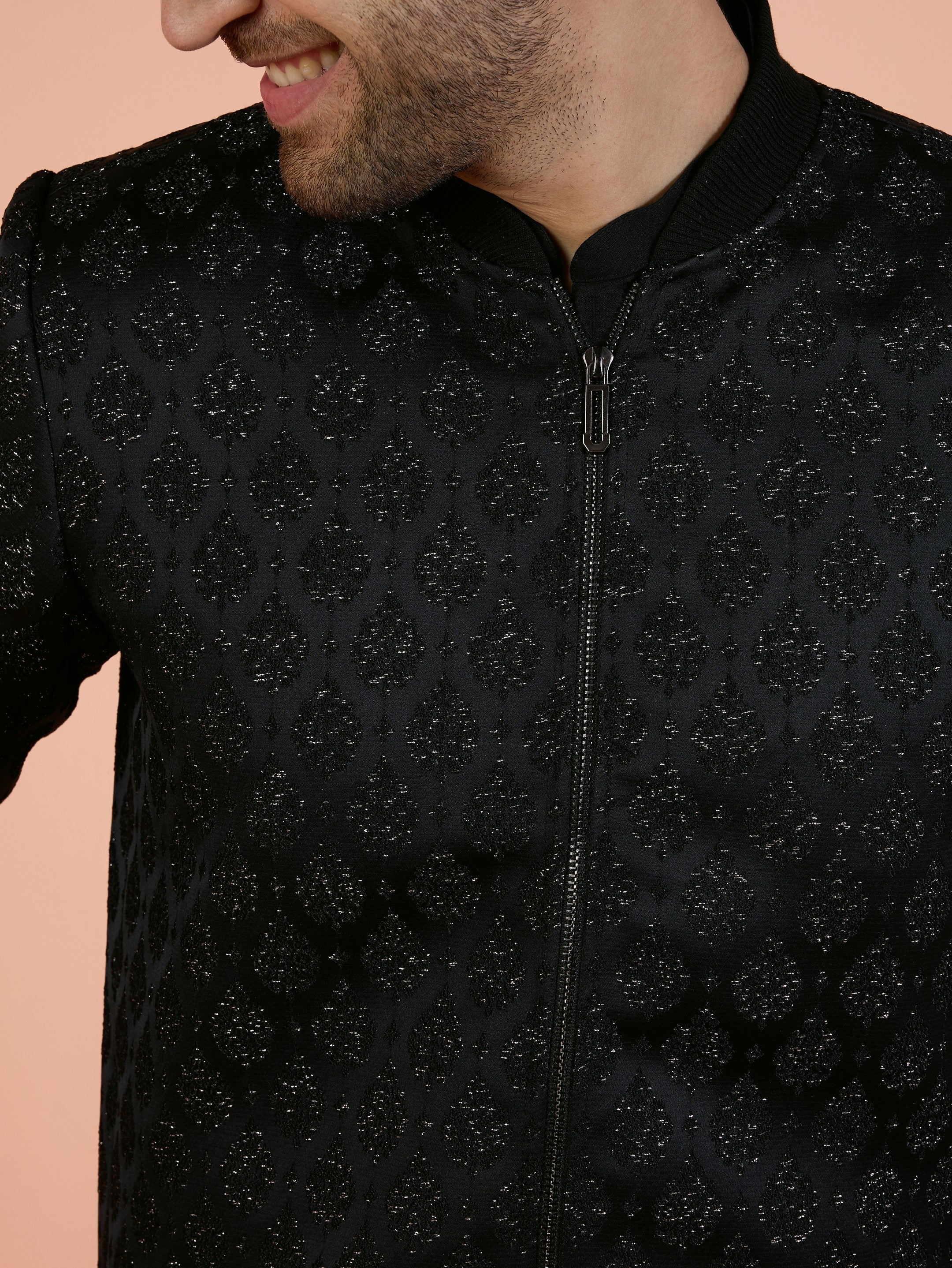Men Black Woven Design Kurta Bomber Jacket Trouser Set with Ethnic Motifs - Image 6