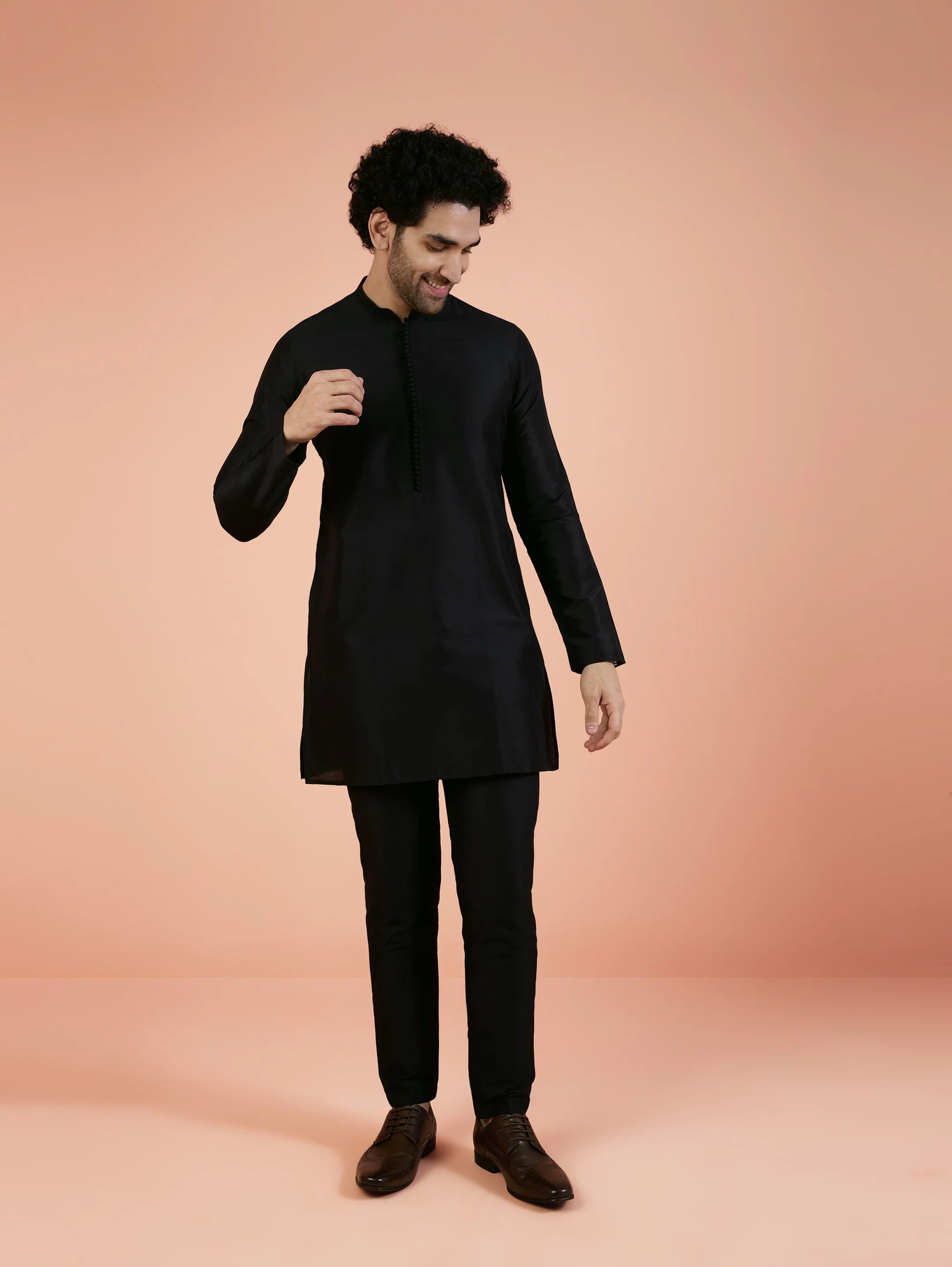 Men Black Woven Design Kurta Bomber Jacket Trouser Set with Ethnic Motifs - Image 8