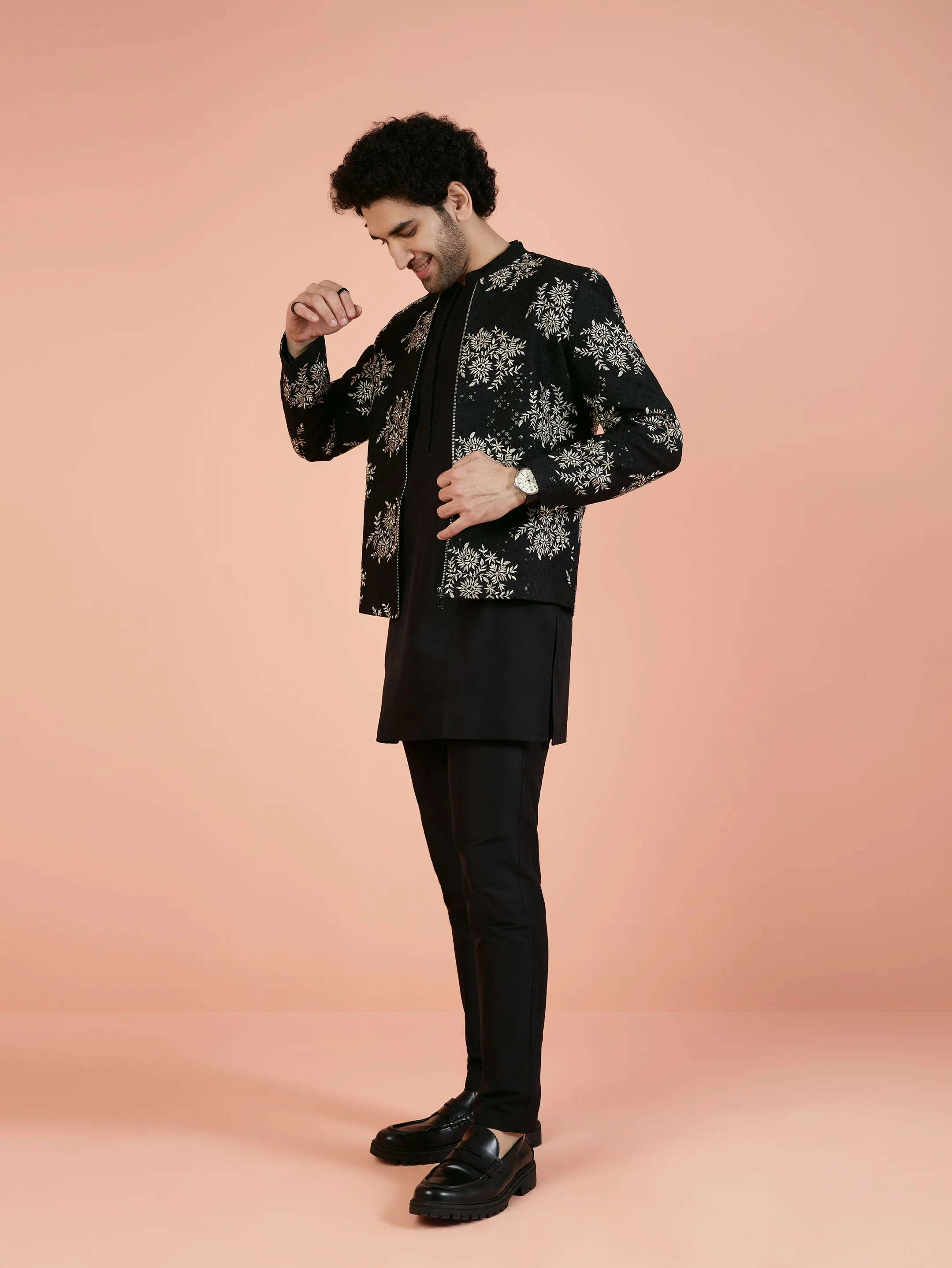Men Black Embroidered Kurta Bomber Jacket Trouser Set with Thread Work - Image 4