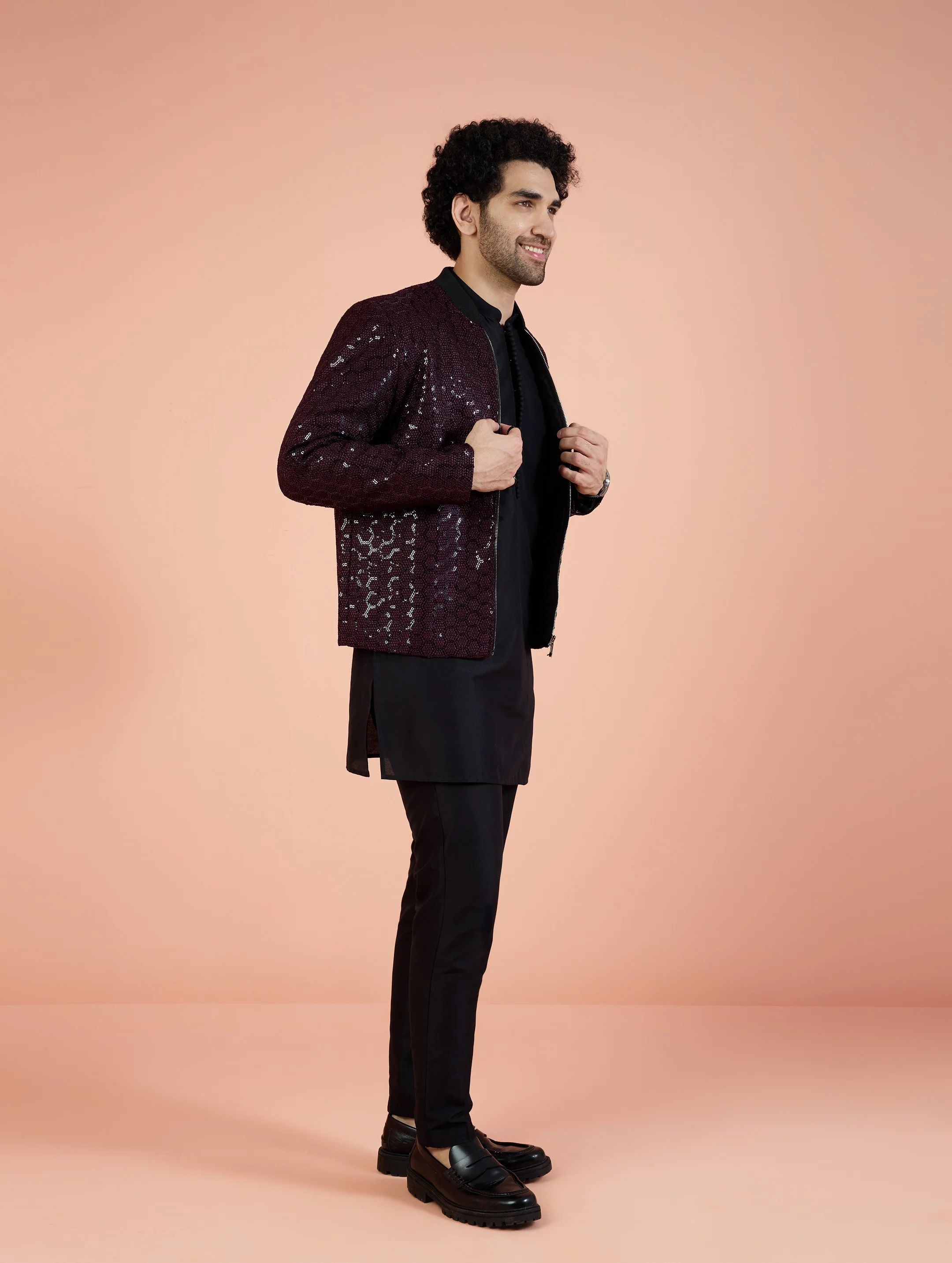 Men Wine Embellished Kurta Bomber Jacket Trouser Set with Sequence - Image 4