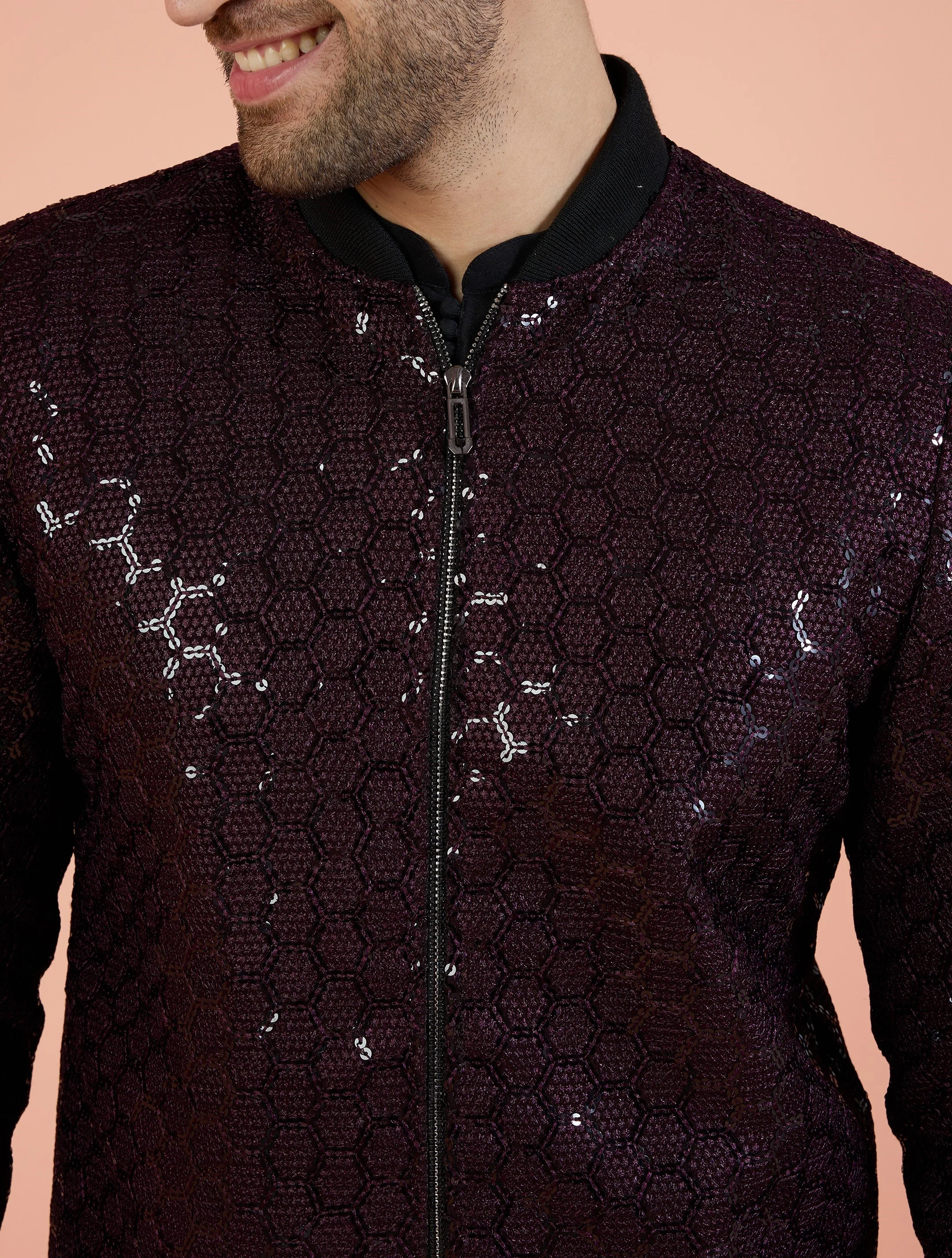 Men Wine Embellished Kurta Bomber Jacket Trouser Set with Sequence - Image 6