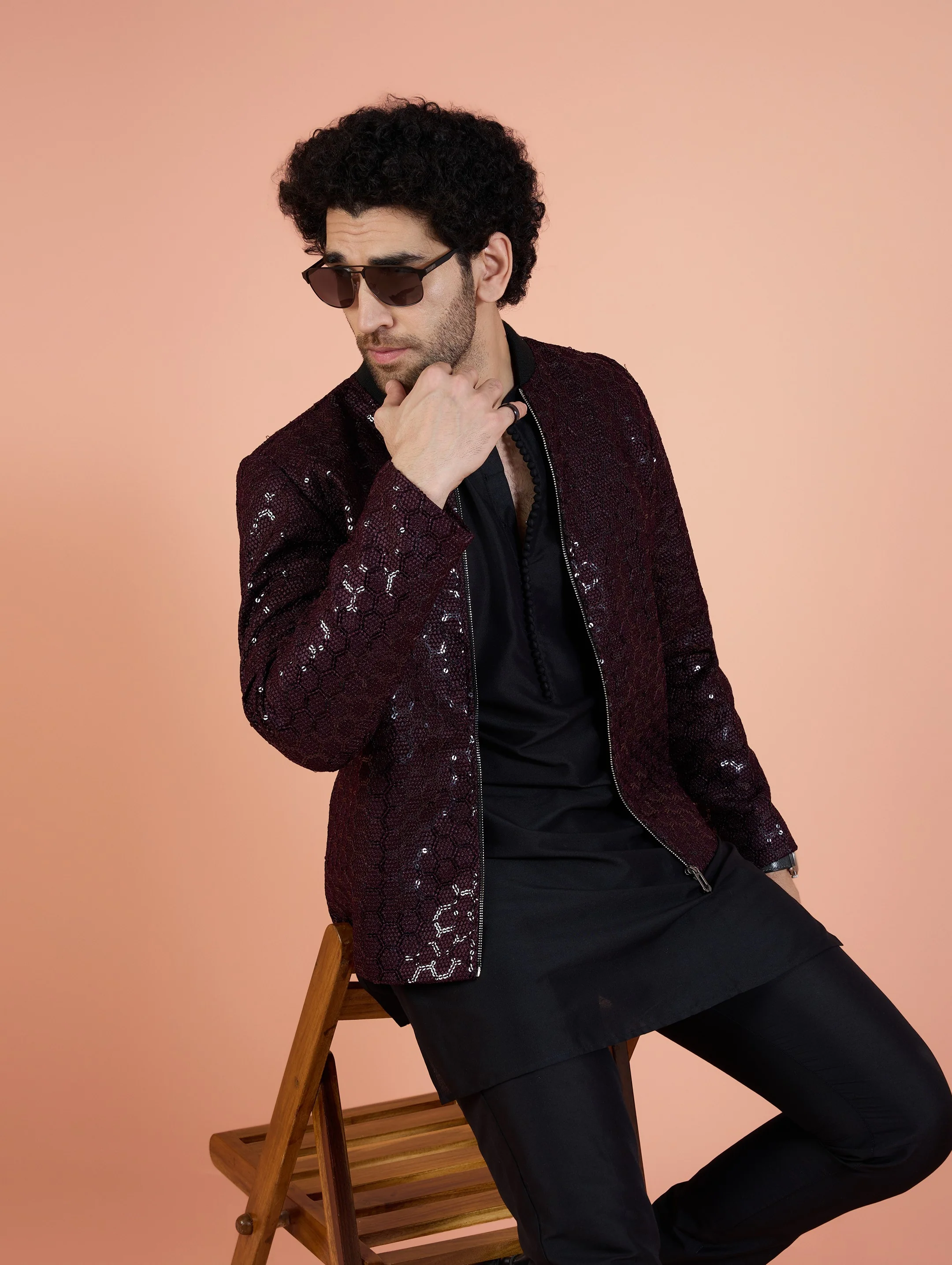 Men Wine Embellished Kurta Bomber Jacket Trouser Set with Sequence - Image 8