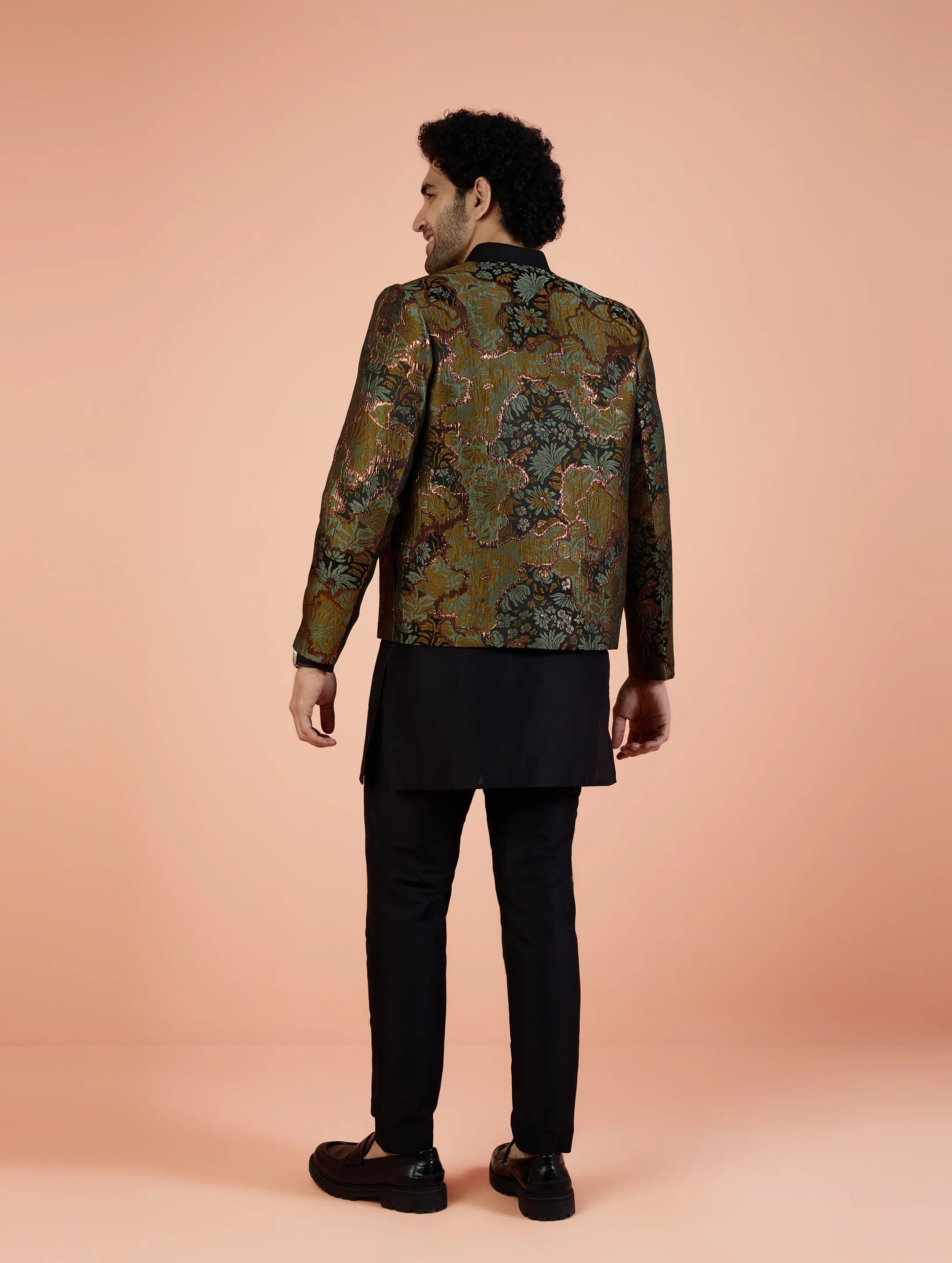 Men Green Abstract Kurta Bomber Jacket Trouser Set with Zari Work - Image 5