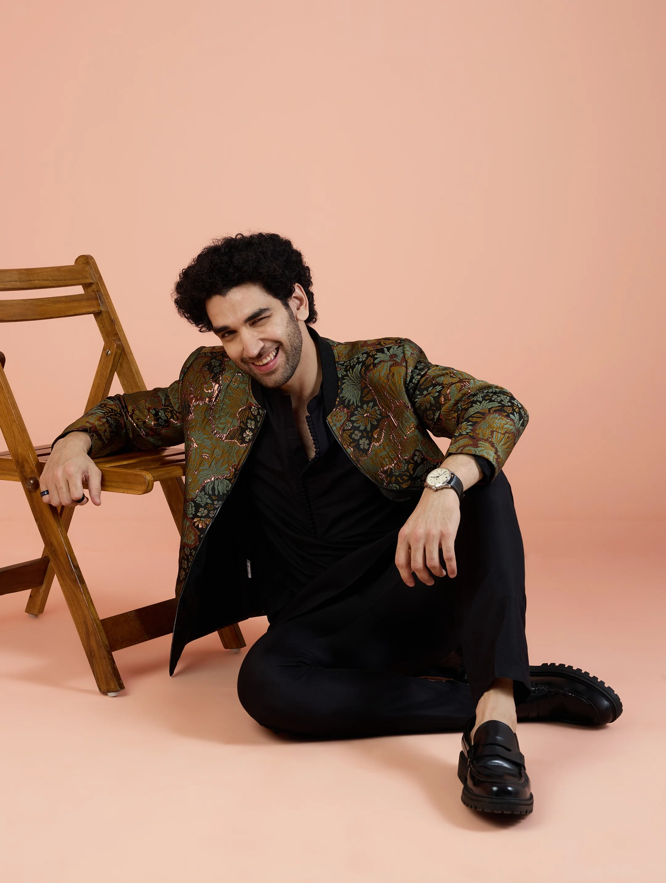Men Green Abstract Kurta Bomber Jacket Trouser Set with Zari Work - Image 9