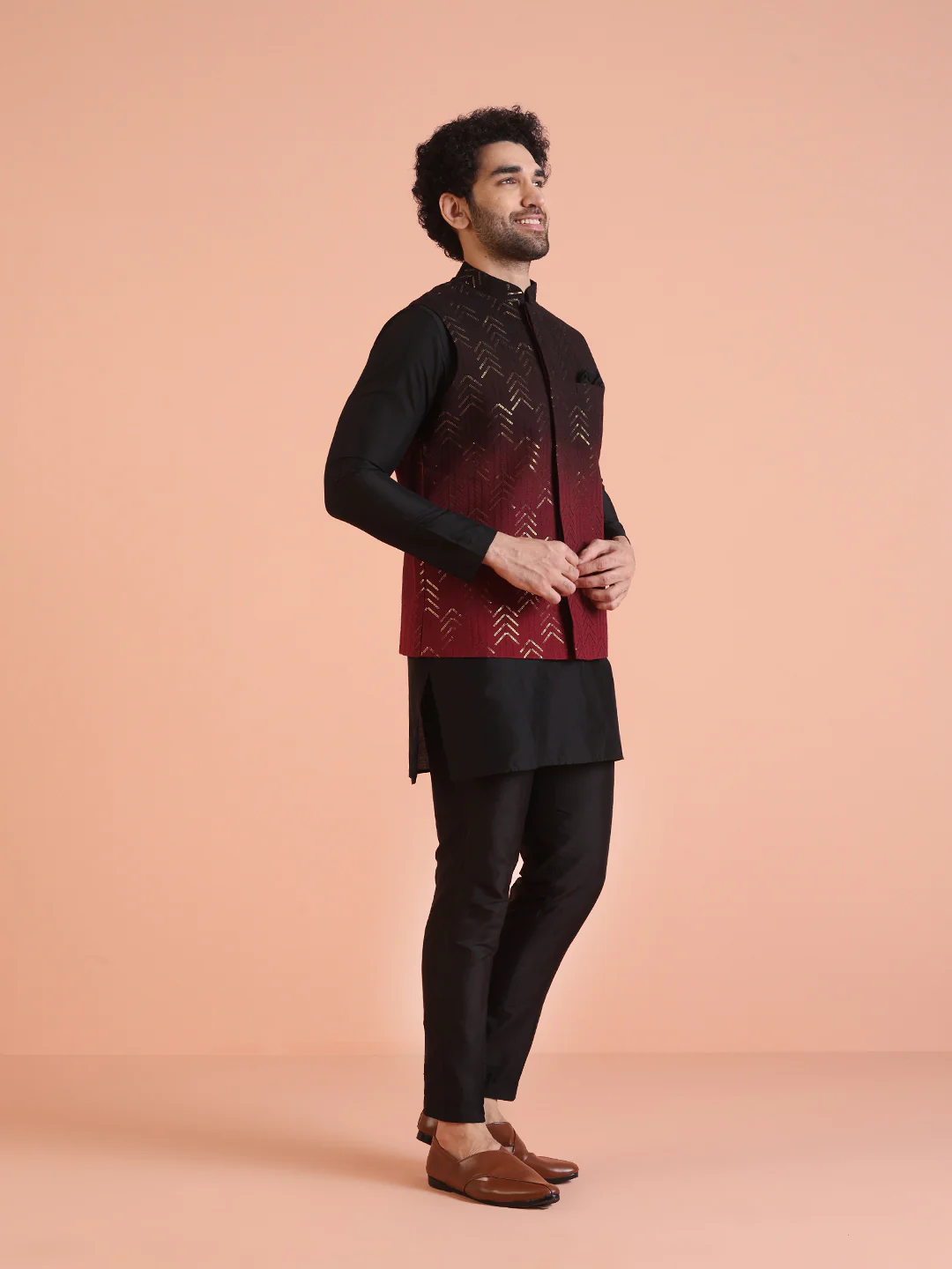 Black Ombre Sequinned Nehru Jacket Set - Image 2