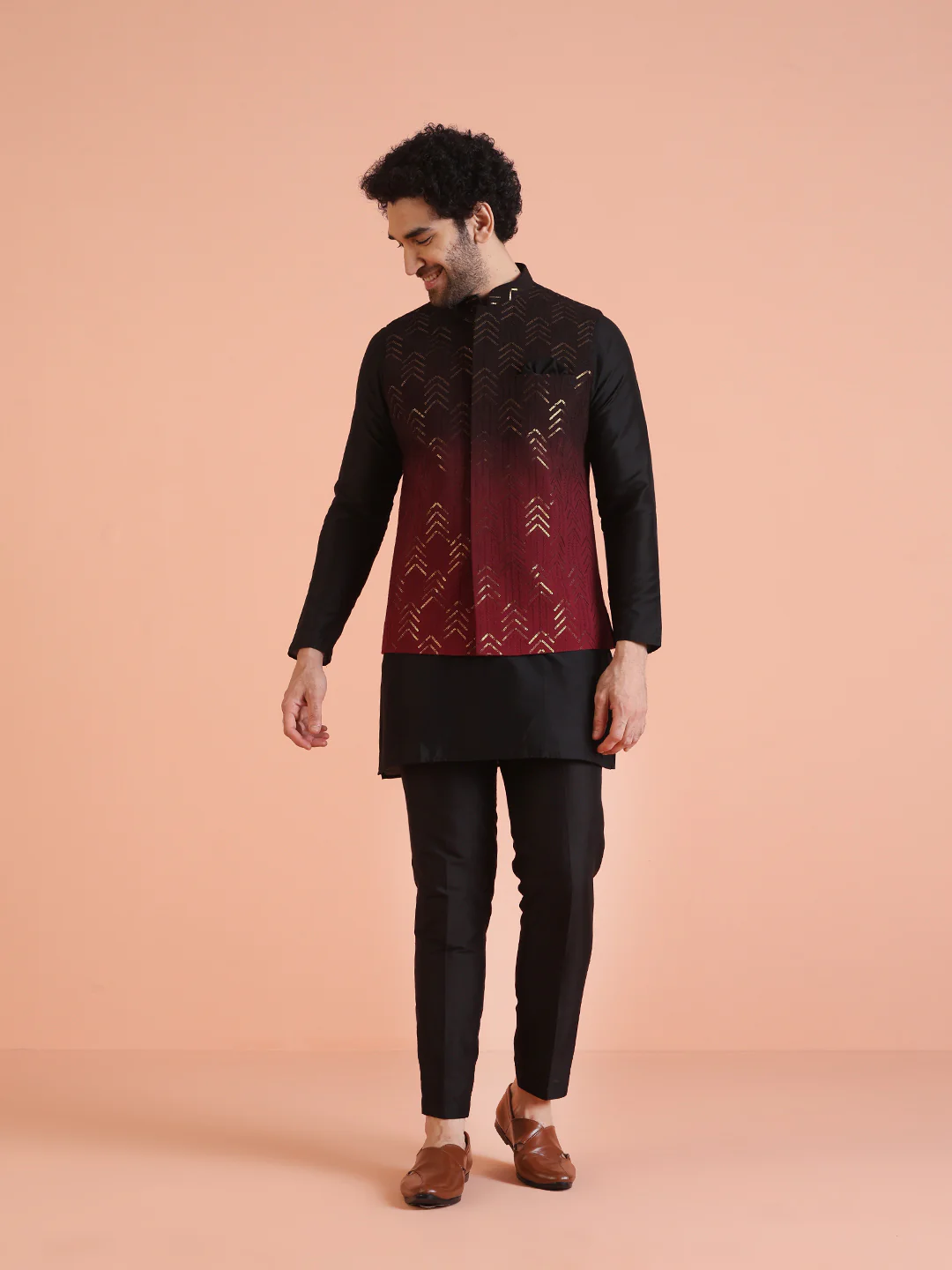 Black Ombre Sequinned Nehru Jacket Set - Image 9