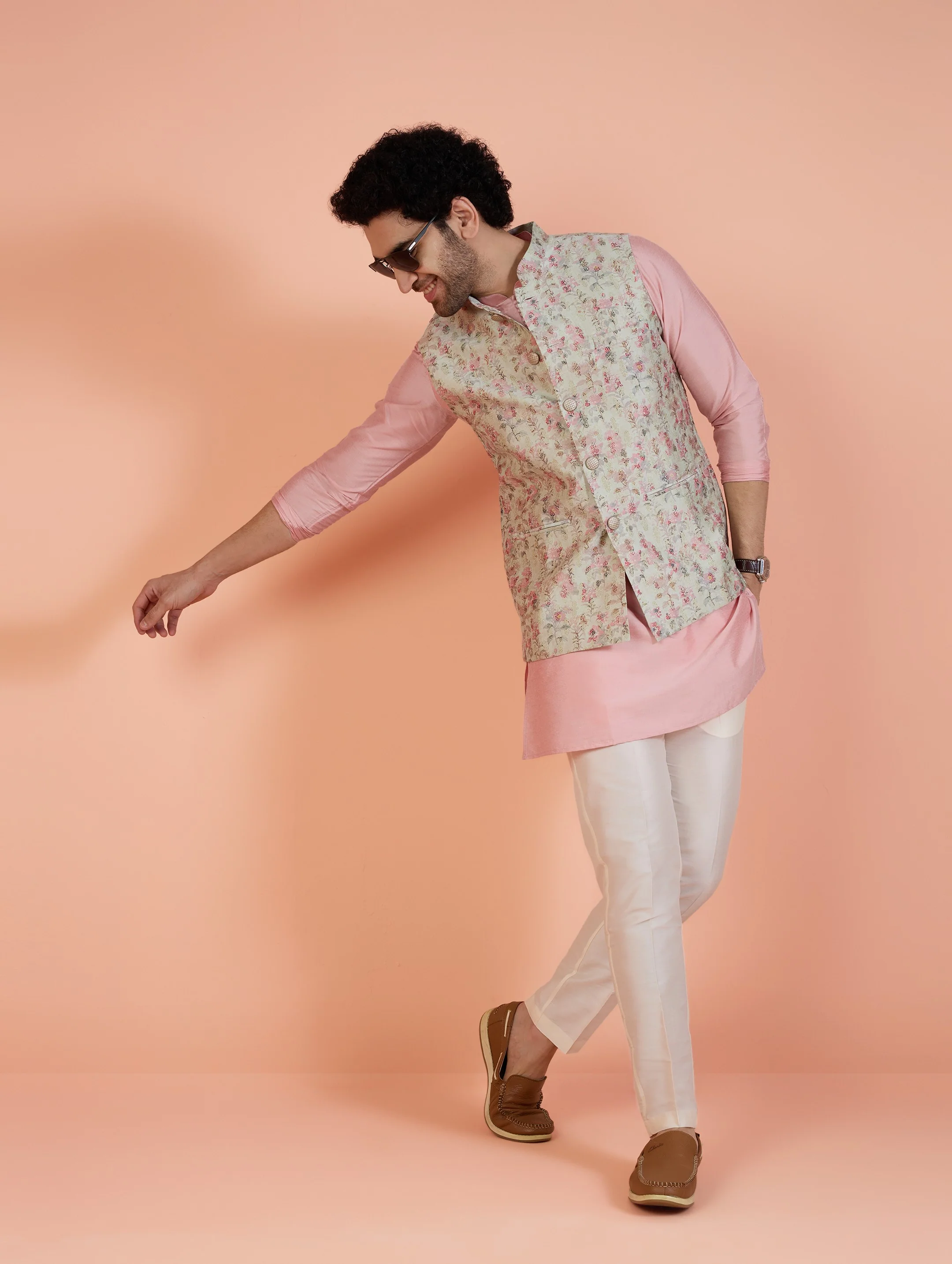 Men Multi Jacquard Kurta Nehru Jacket Trouser Set with Ethnic Motifs - Image 2