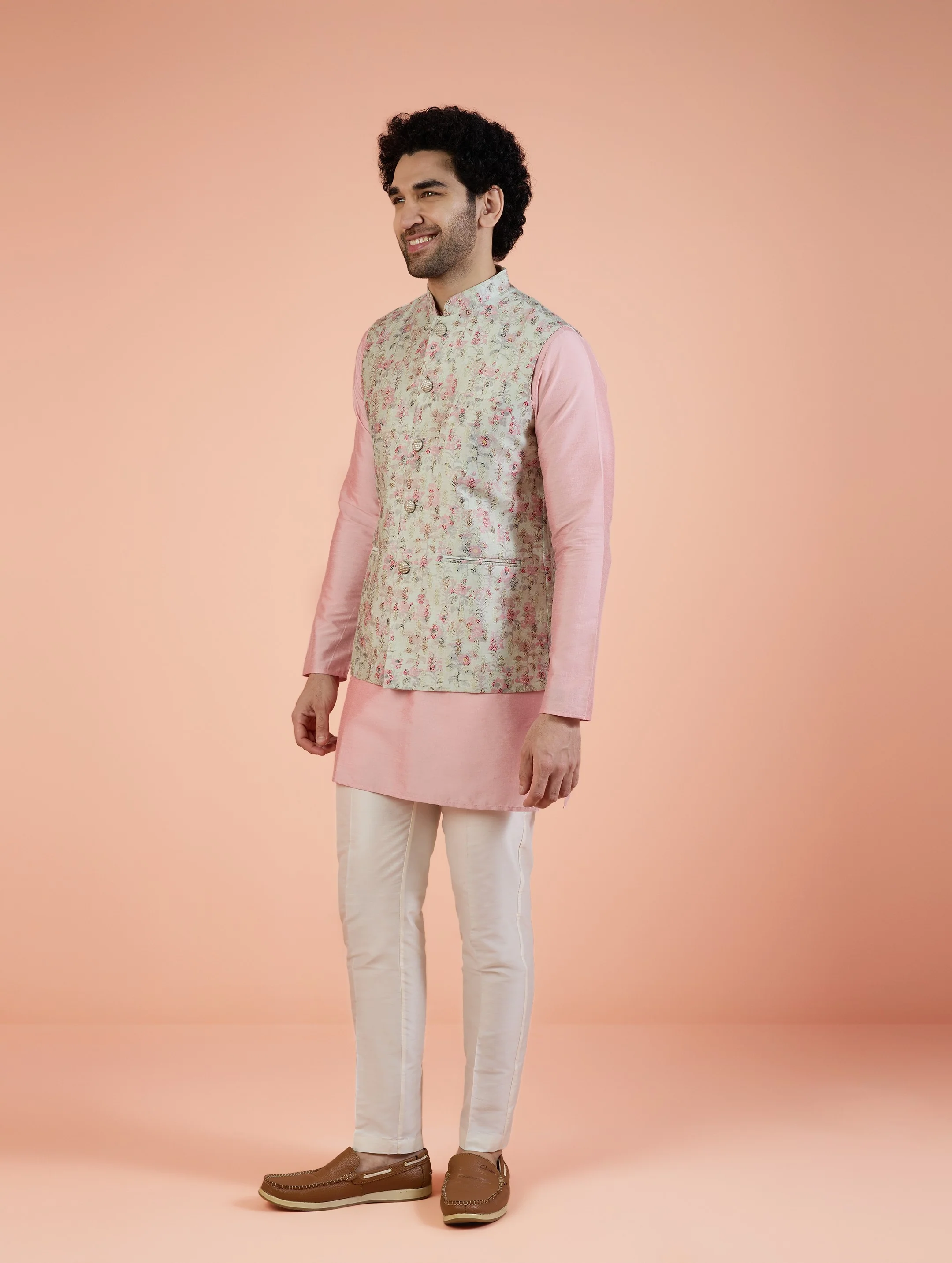 Men Multi Jacquard Kurta Nehru Jacket Trouser Set with Ethnic Motifs - Image 3