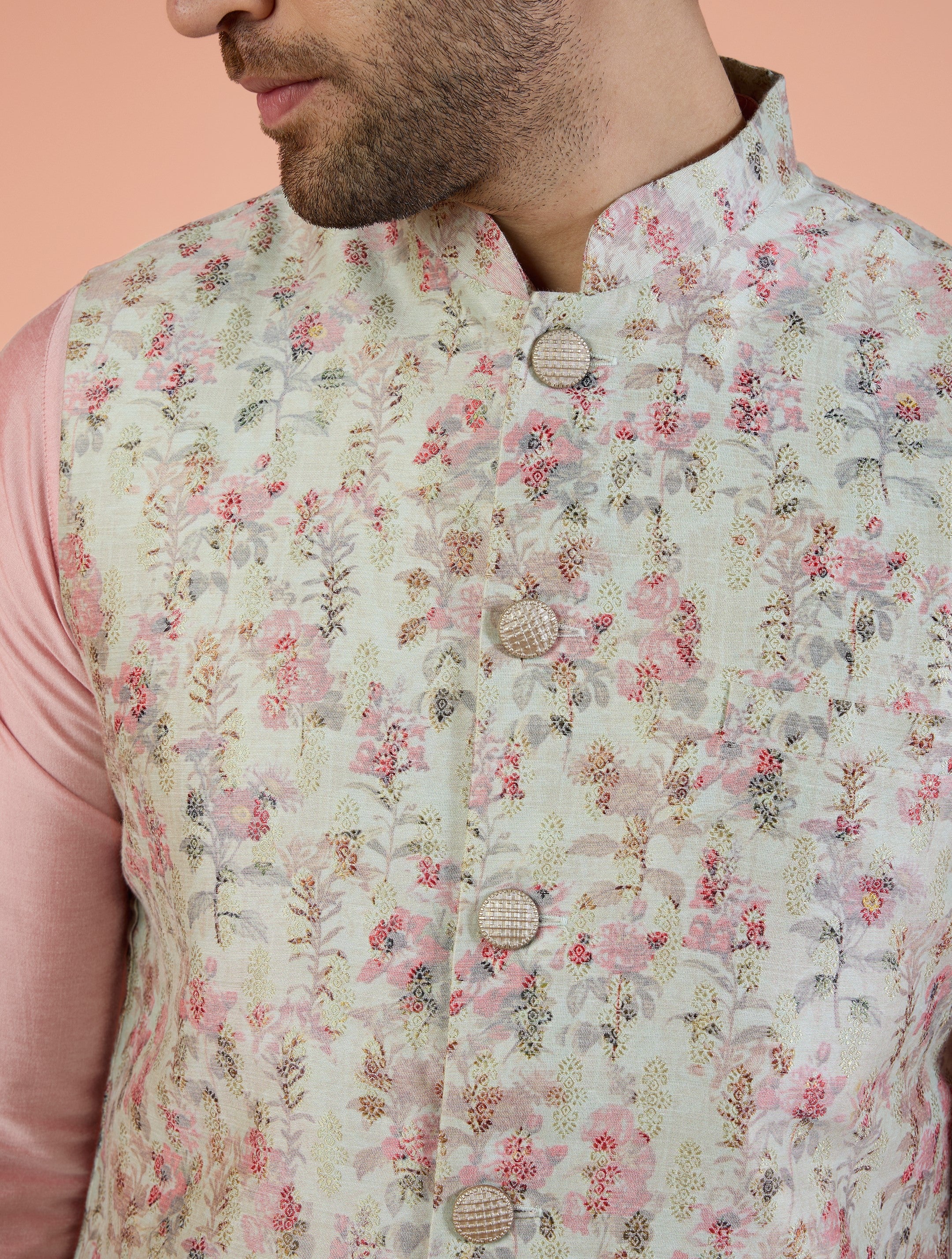 Men Multi Jacquard Kurta Nehru Jacket Trouser Set with Ethnic Motifs - Image 6
