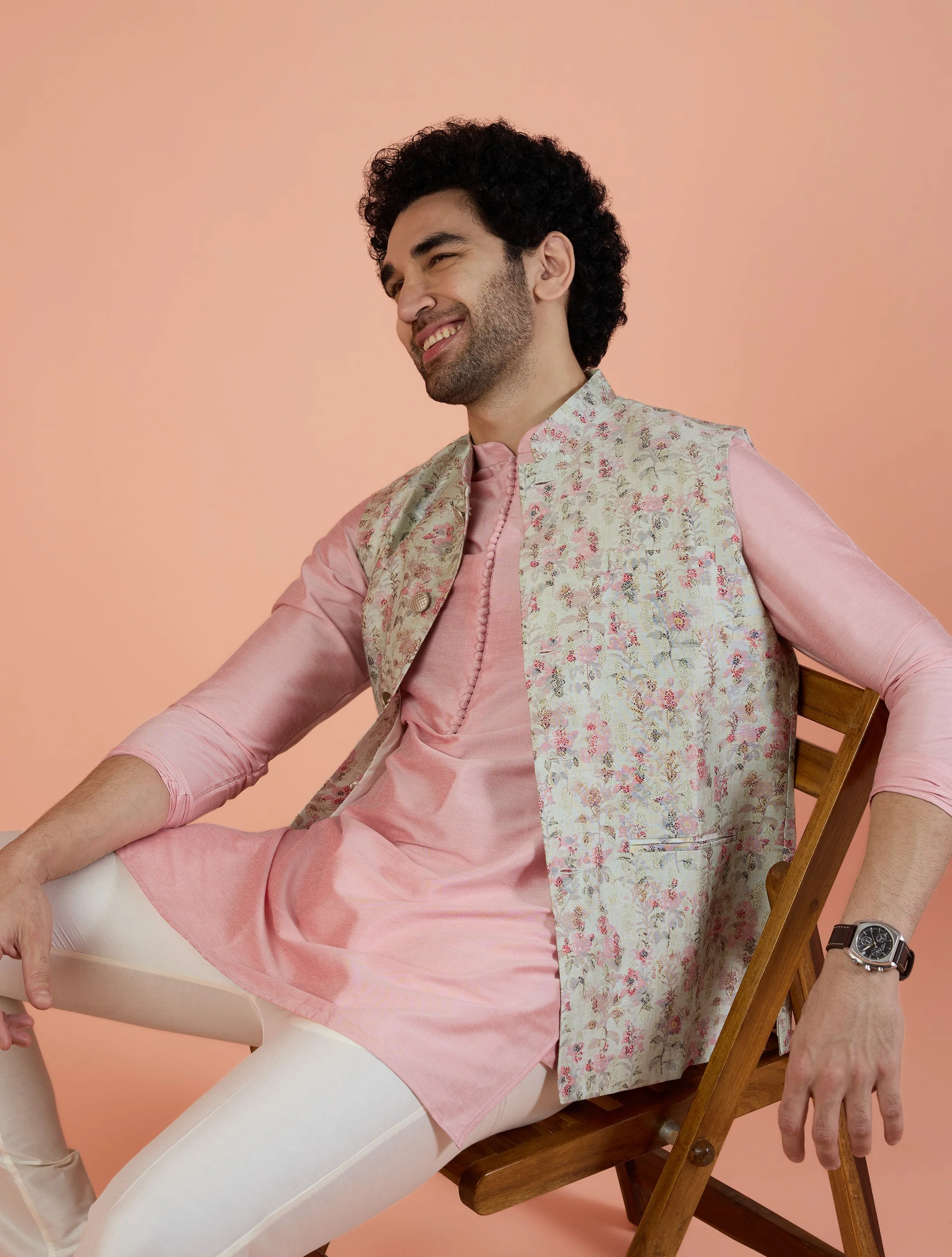 Men Multi Jacquard Kurta Nehru Jacket Trouser Set with Ethnic Motifs - Image 9