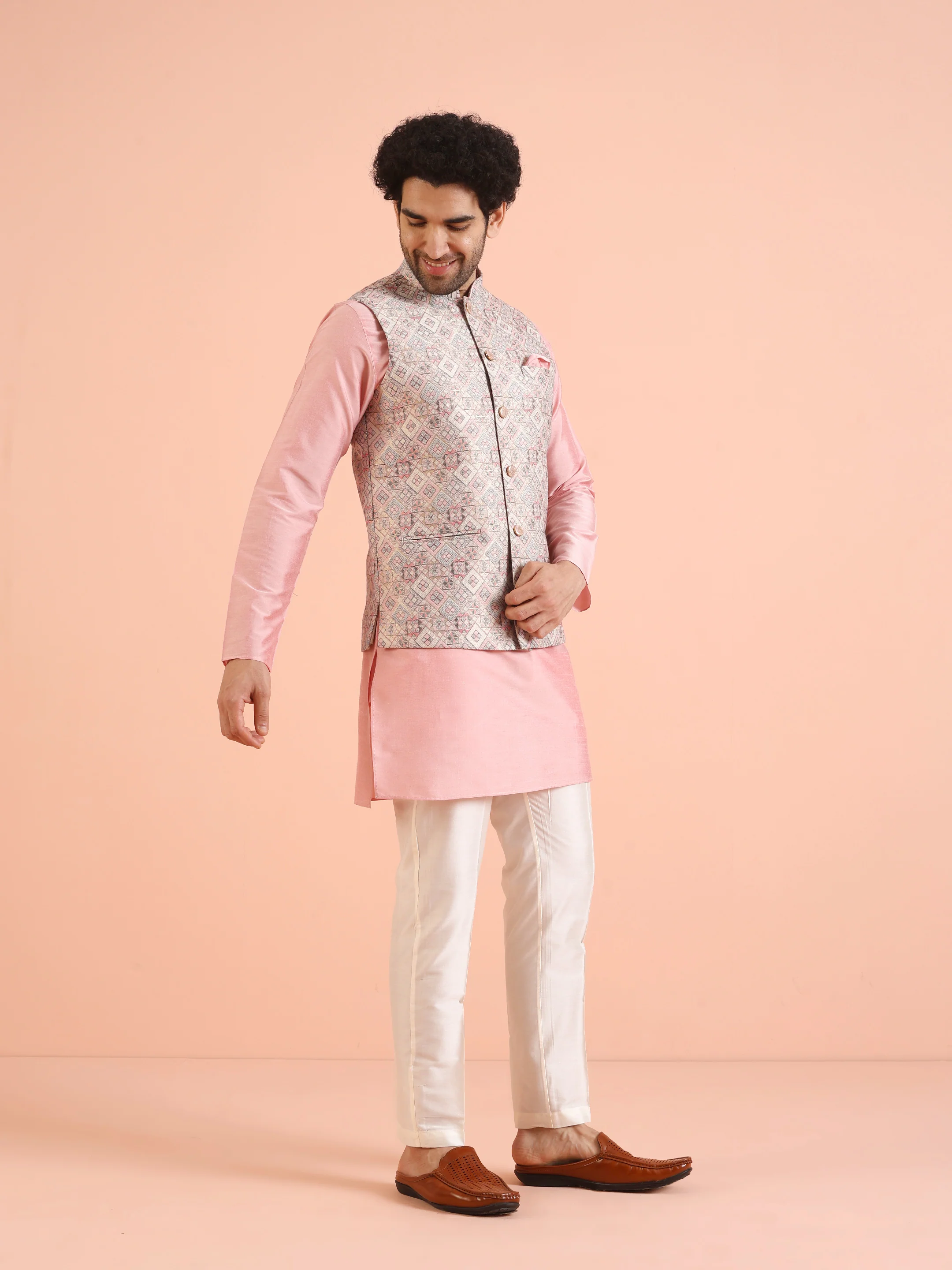 Multi Jacquard Silk Blend Nehru Jacket Kurta Trouser Set - Image 2