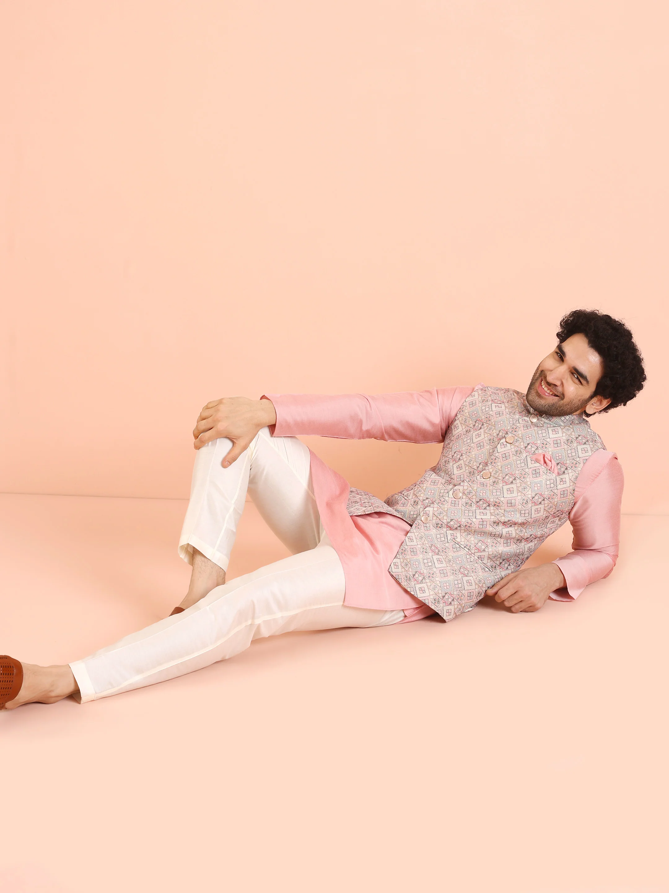 Multi Jacquard Silk Blend Nehru Jacket Kurta Trouser Set - Image 8