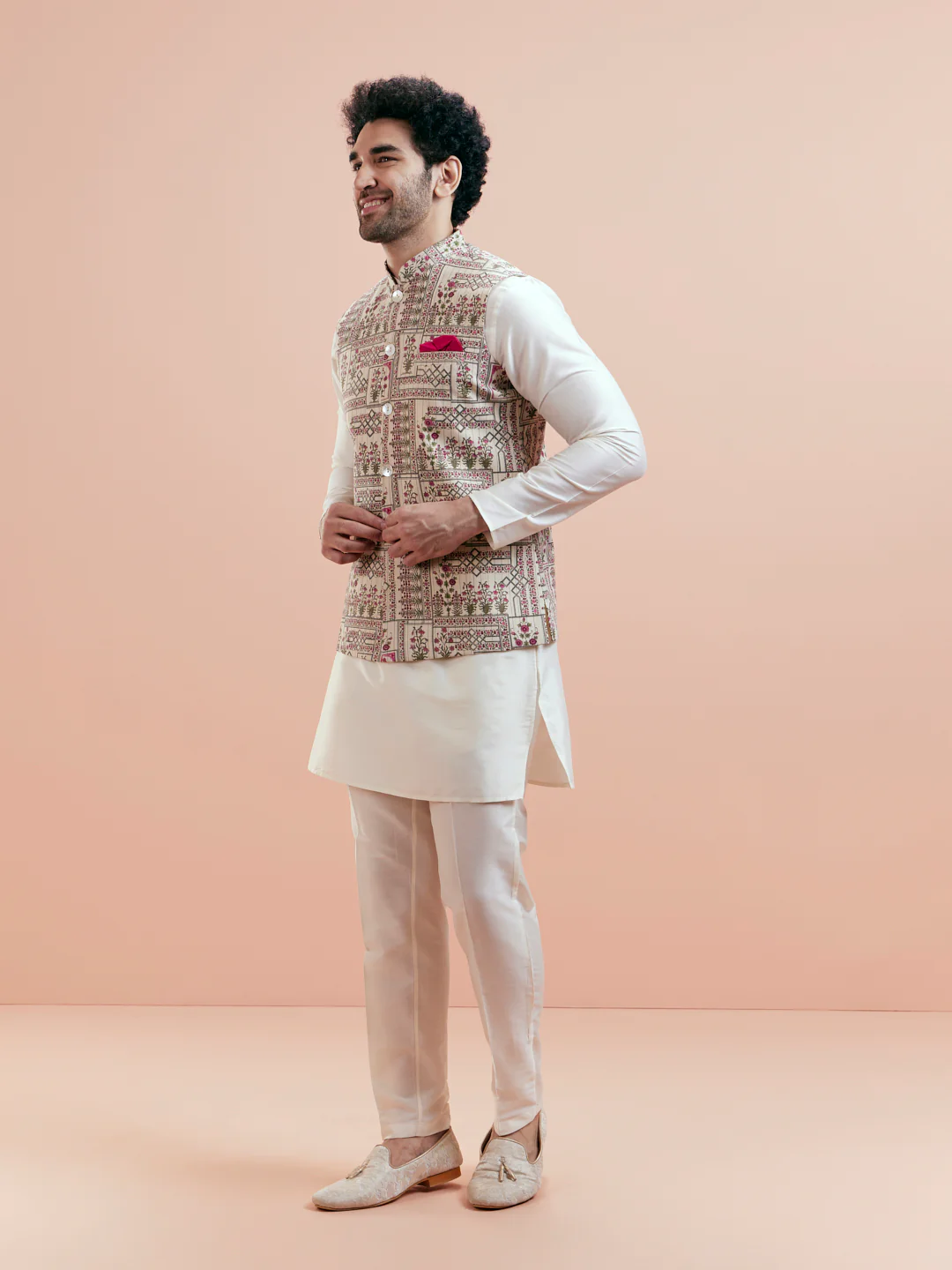 Cream Kurta Ivory Trouser with Embroidered Jacket - Image 3
