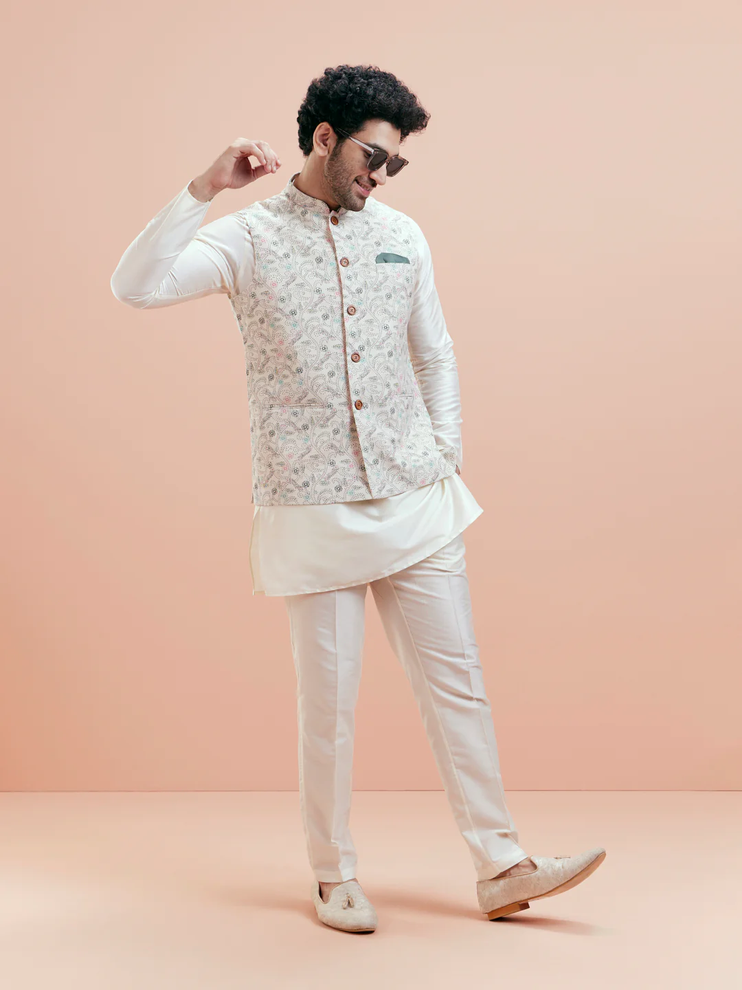 White Cotton Blend Printed Jacket Kurta Trouser Set