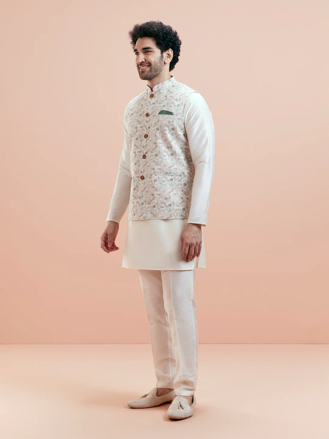 White Cotton Blend Printed Jacket Kurta Trouser Set - Image 2