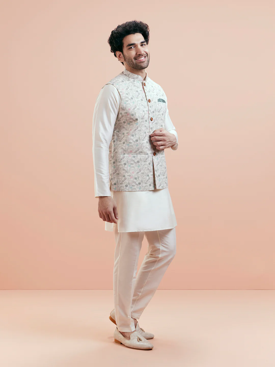 White Cotton Blend Printed Jacket Kurta Trouser Set - Image 3