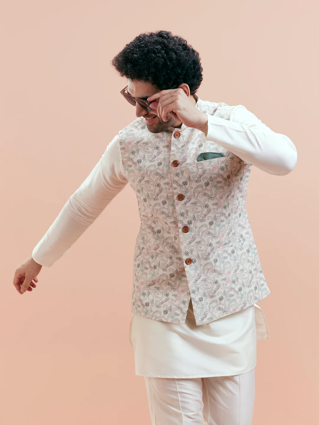 White Cotton Blend Printed Jacket Kurta Trouser Set - Image 5