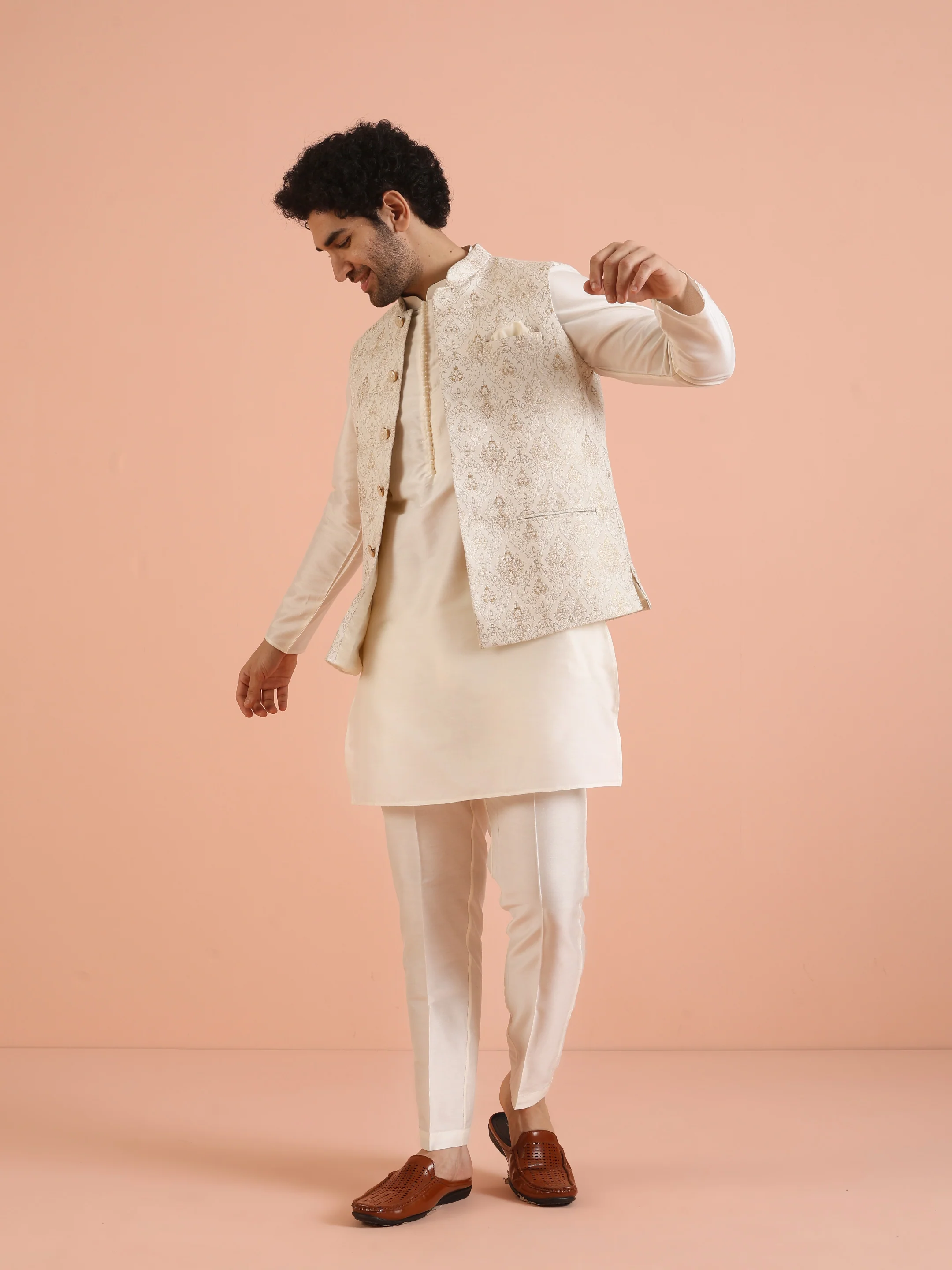 Cream Ethnic Motif Jacket Kurta Trouser Set