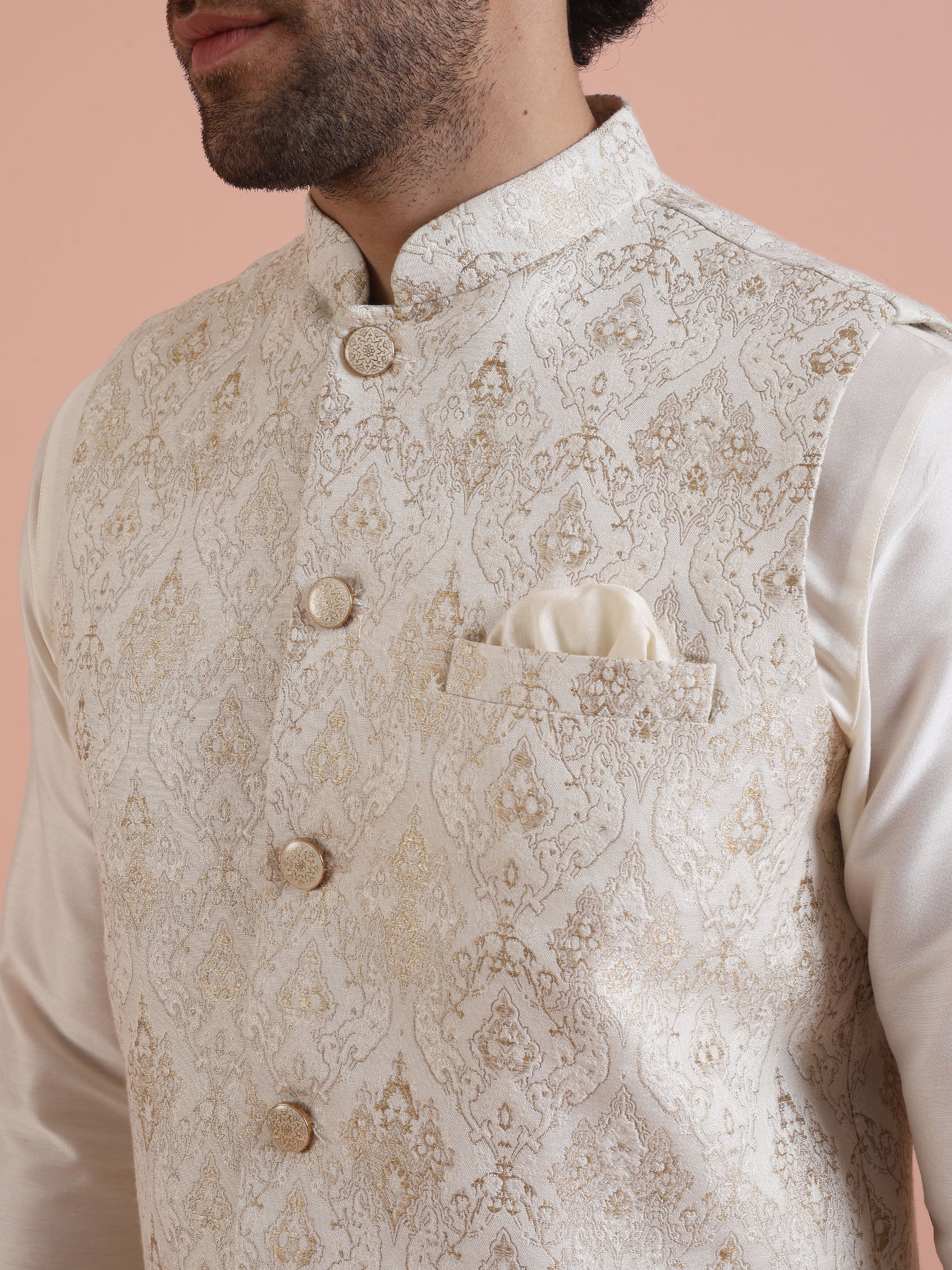 Cream Ethnic Motif Jacket Kurta Trouser Set - Image 5