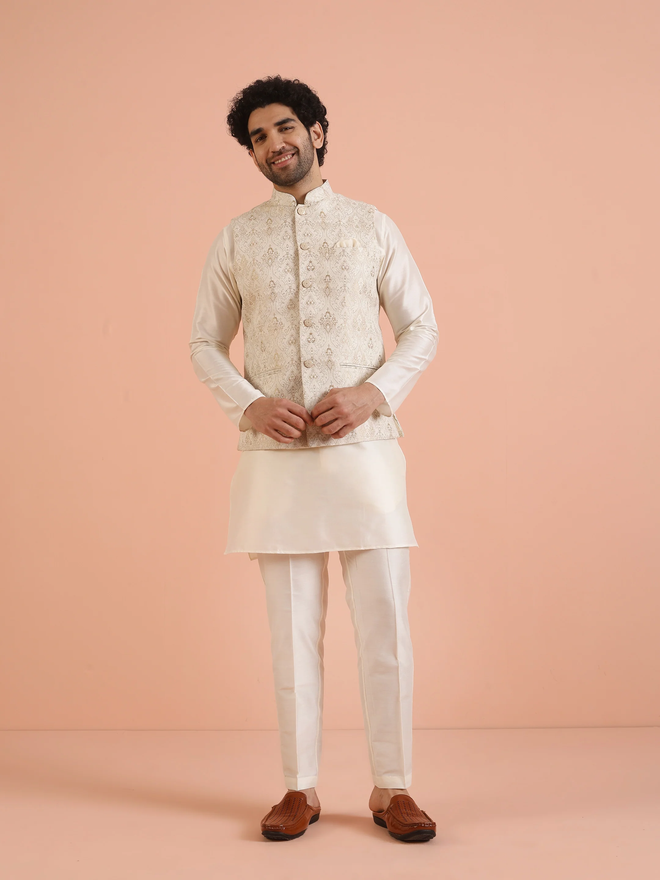 Cream Ethnic Motif Jacket Kurta Trouser Set - Image 9