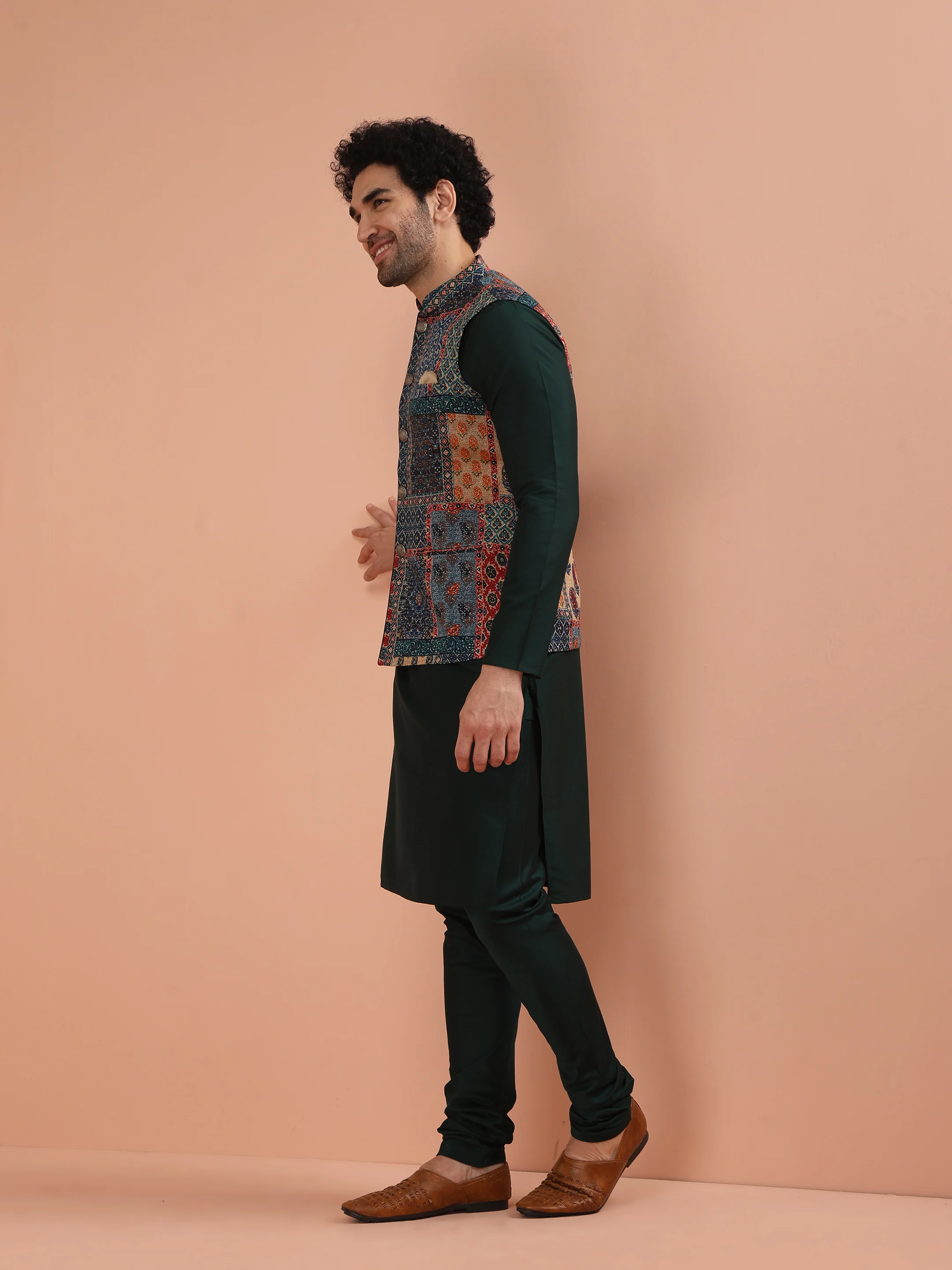 Multicolor Art Silk Printed Nehru Jacket Bundi with Kurta Churidar - Image 2