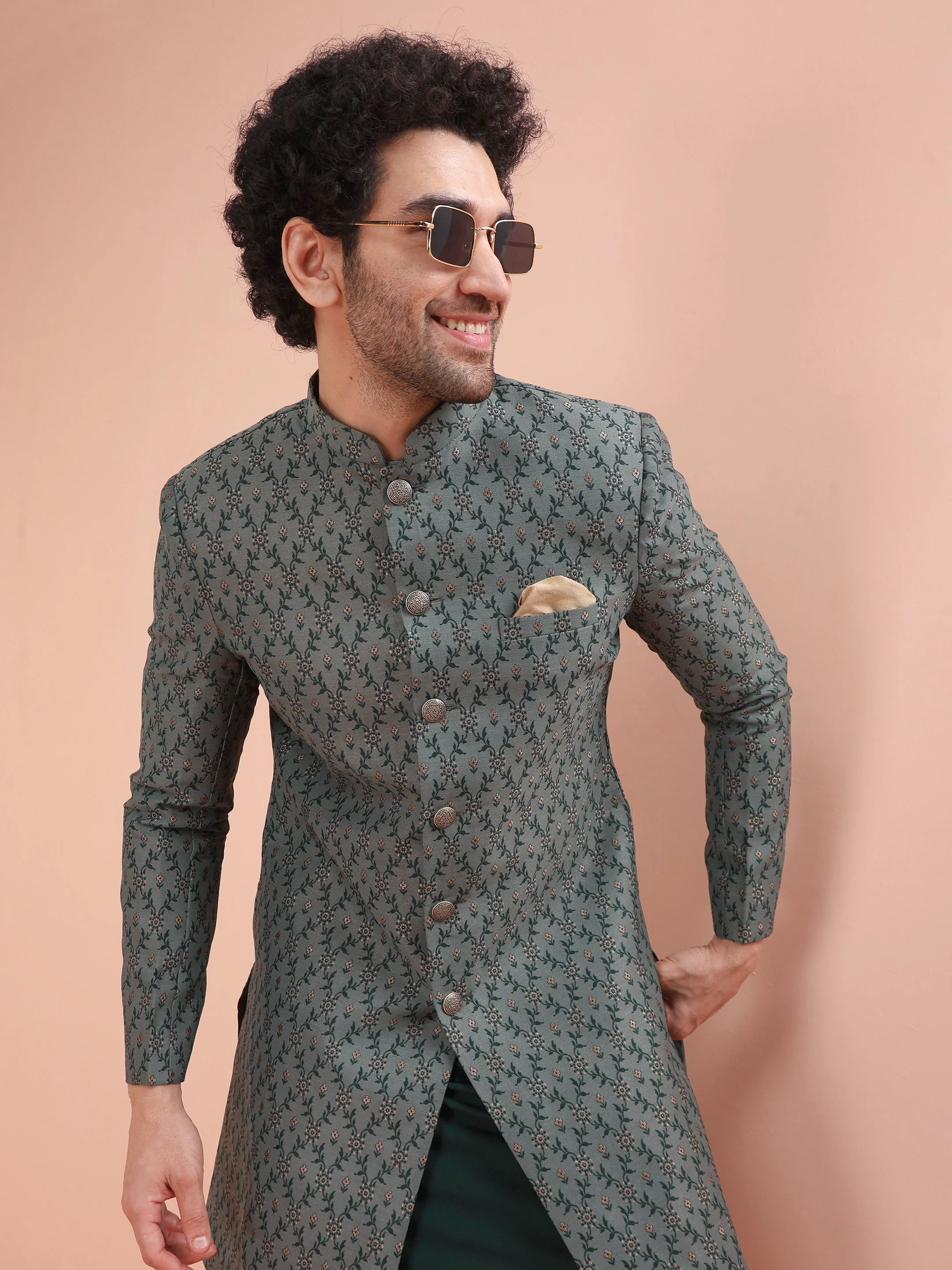 Grey Art Silk Embroidered Sherwani Achkan Set - Image 6
