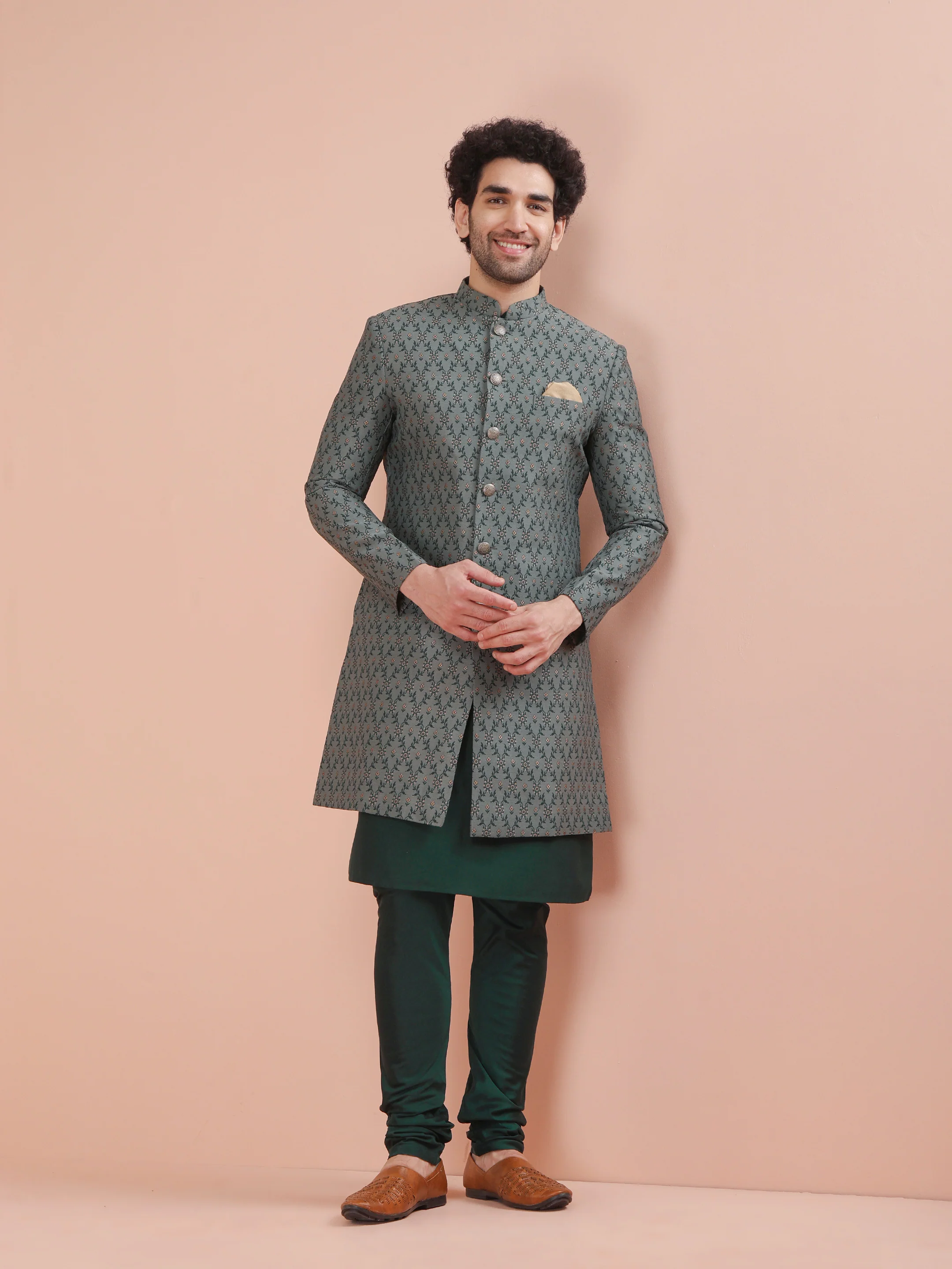Grey Art Silk Embroidered Sherwani Achkan Set - Image 7