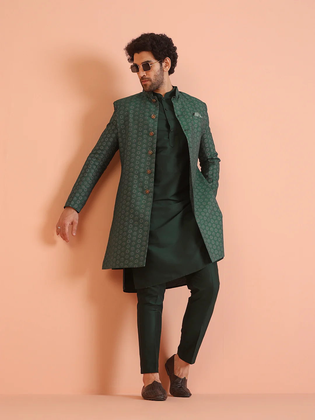 Men Green Jacquard Geometric Kurta Indowestern Trouser Set