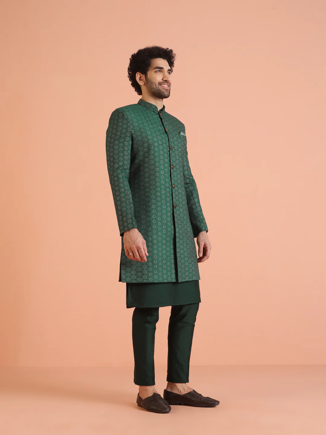 Men Green Jacquard Geometric Kurta Indowestern Trouser Set - Image 2