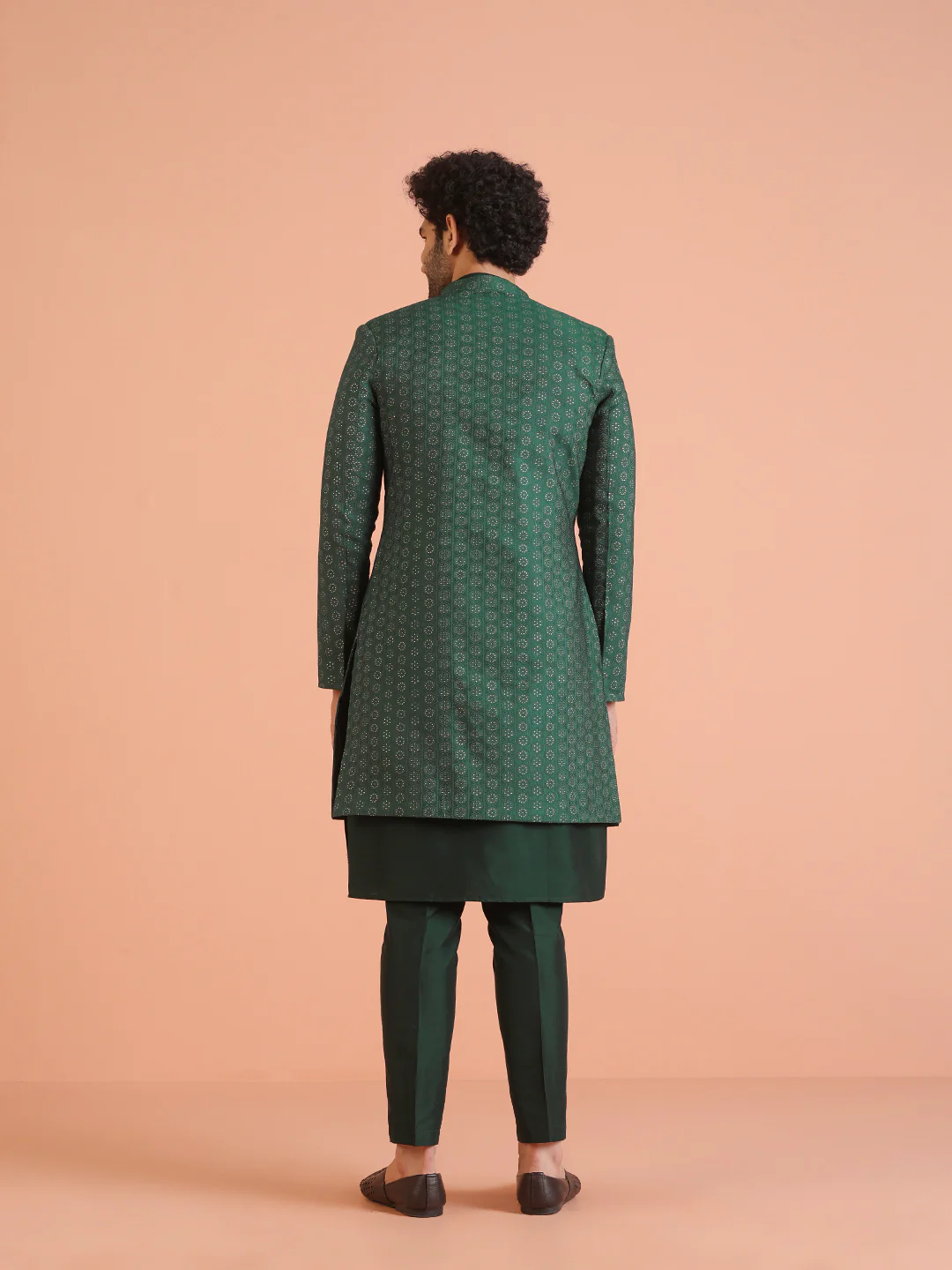Men Green Jacquard Geometric Kurta Indowestern Trouser Set - Image 4