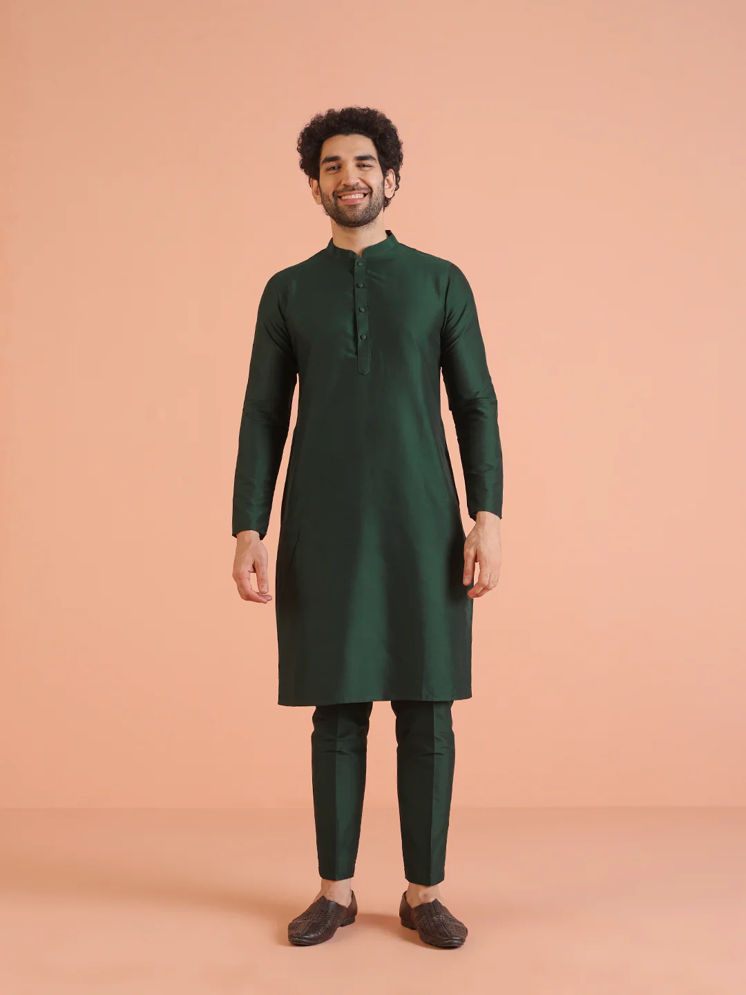 Men Green Jacquard Geometric Kurta Indowestern Trouser Set - Image 7