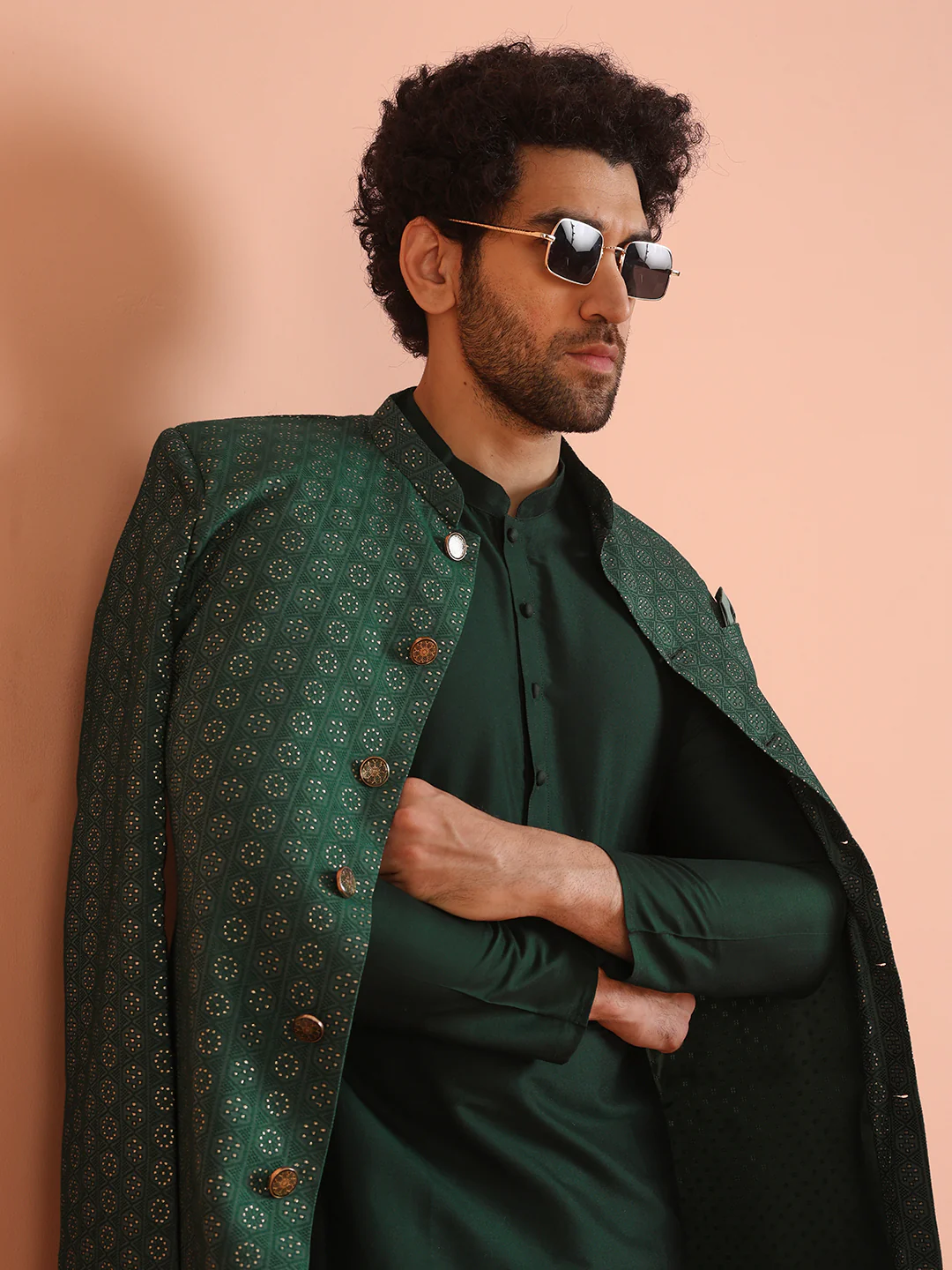 Men Green Jacquard Geometric Kurta Indowestern Trouser Set - Image 8