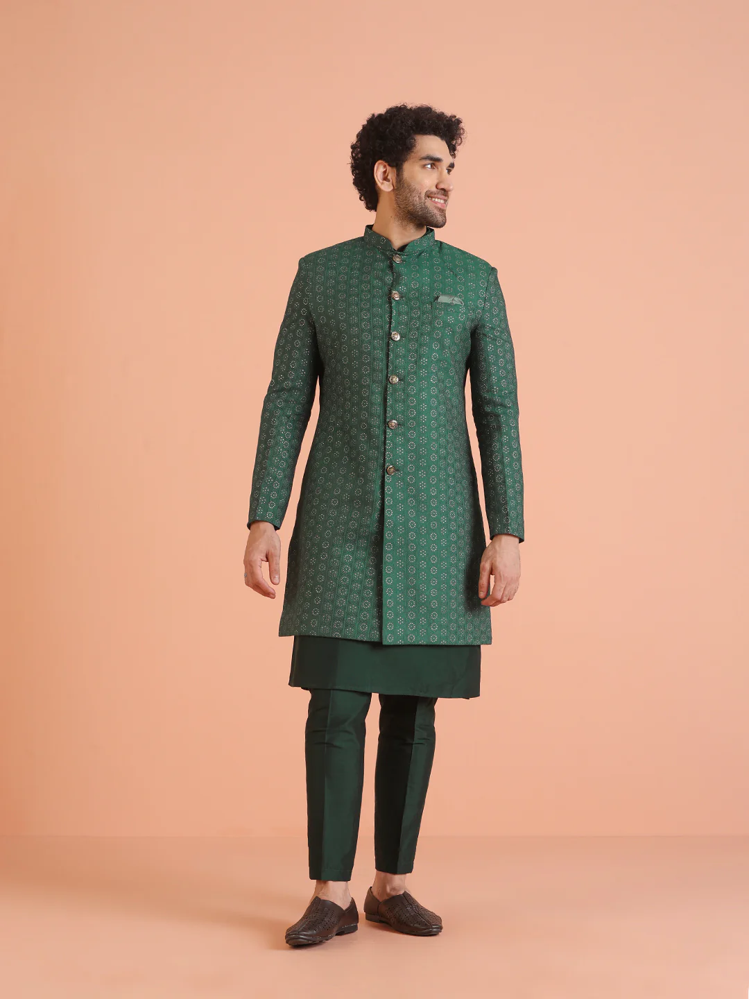 Men Green Jacquard Geometric Kurta Indowestern Trouser Set - Image 9