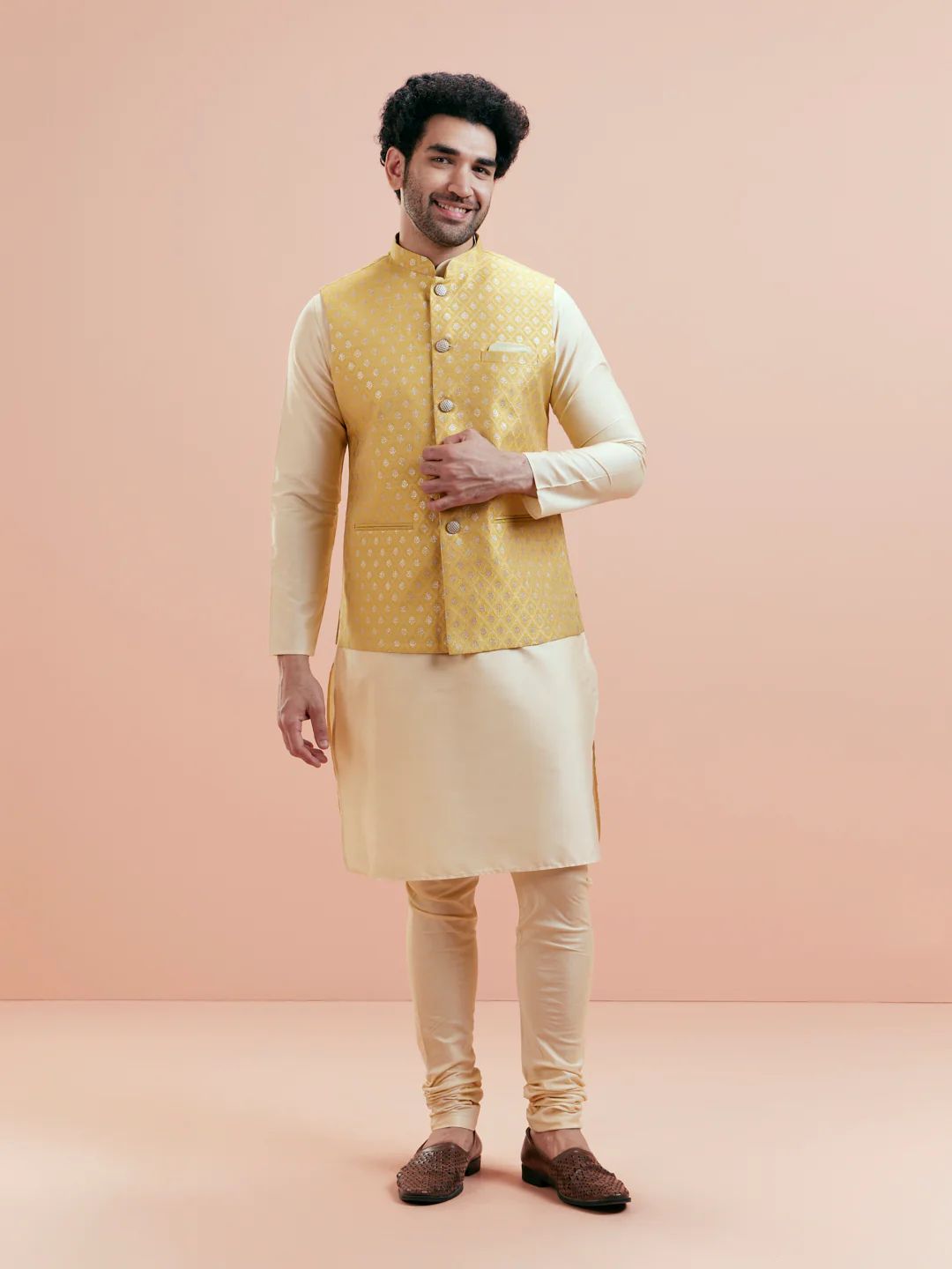 Cream Silk Blend Yellow Textured Nehru Jacket Kurta Set - Image 2