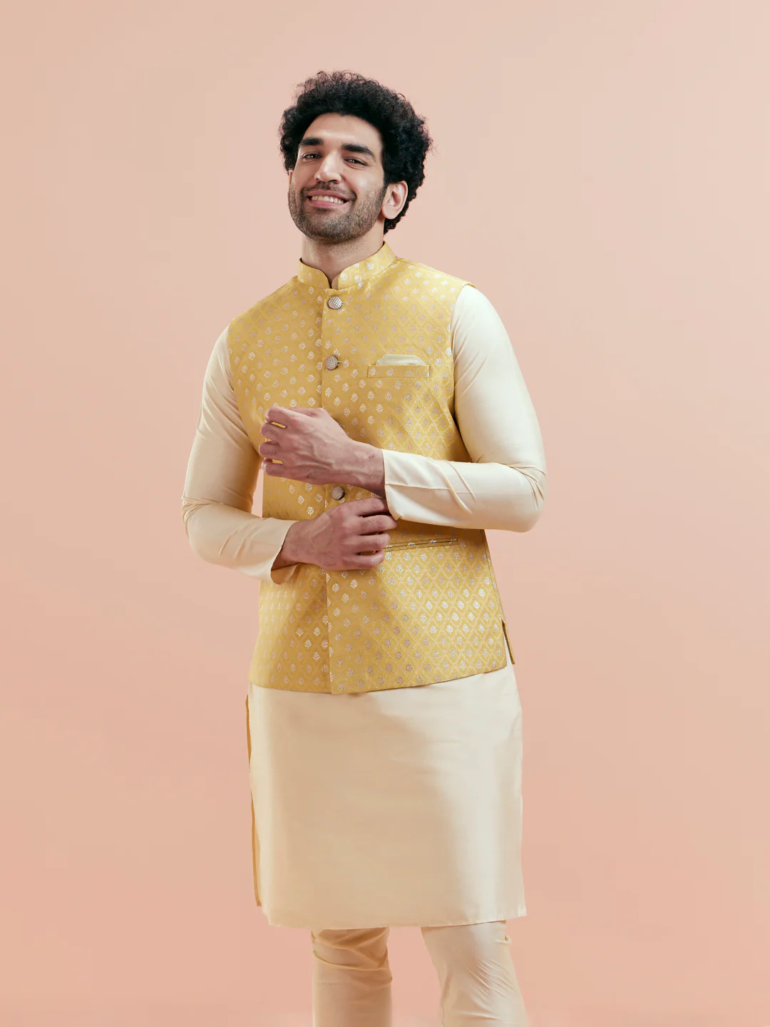 Cream Silk Blend Yellow Textured Nehru Jacket Kurta Set - Image 3
