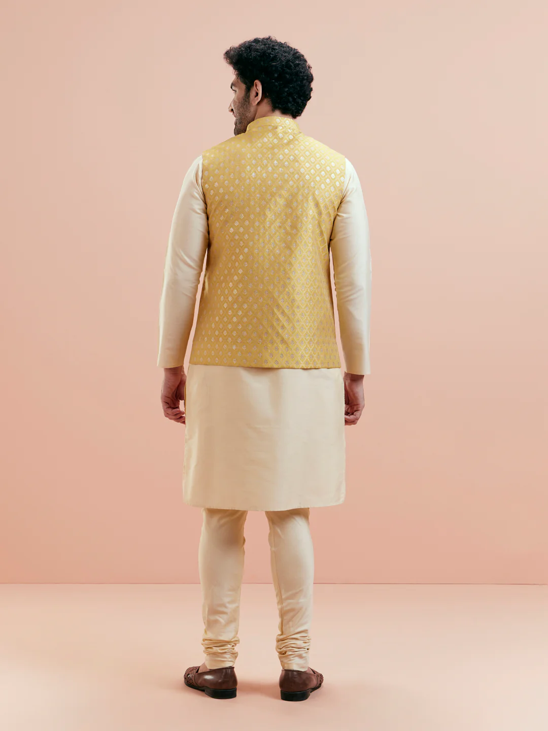 Cream Silk Blend Yellow Textured Nehru Jacket Kurta Set - Image 7