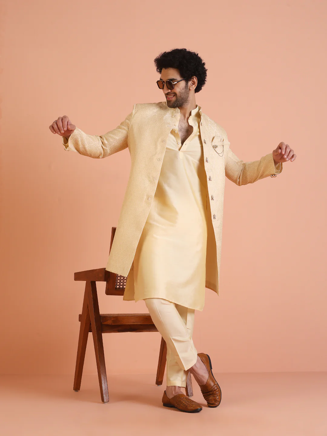 Men Cream Jacquard Ethnic Motifs Kurta Indowestern Trouser Set