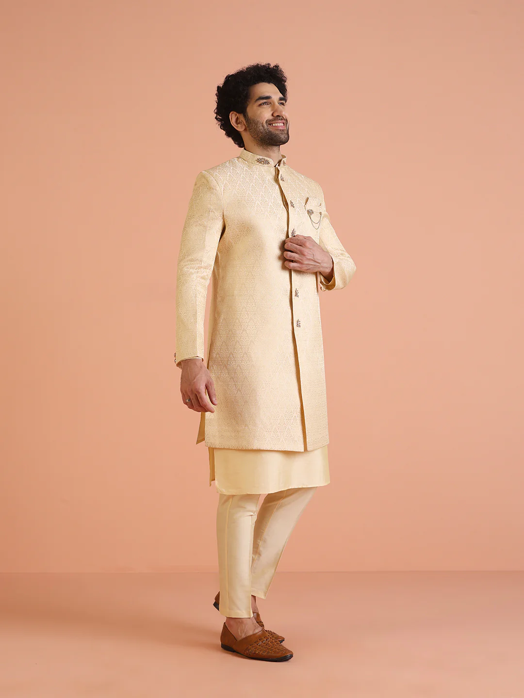 Men Cream Jacquard Ethnic Motifs Kurta Indowestern Trouser Set - Image 2