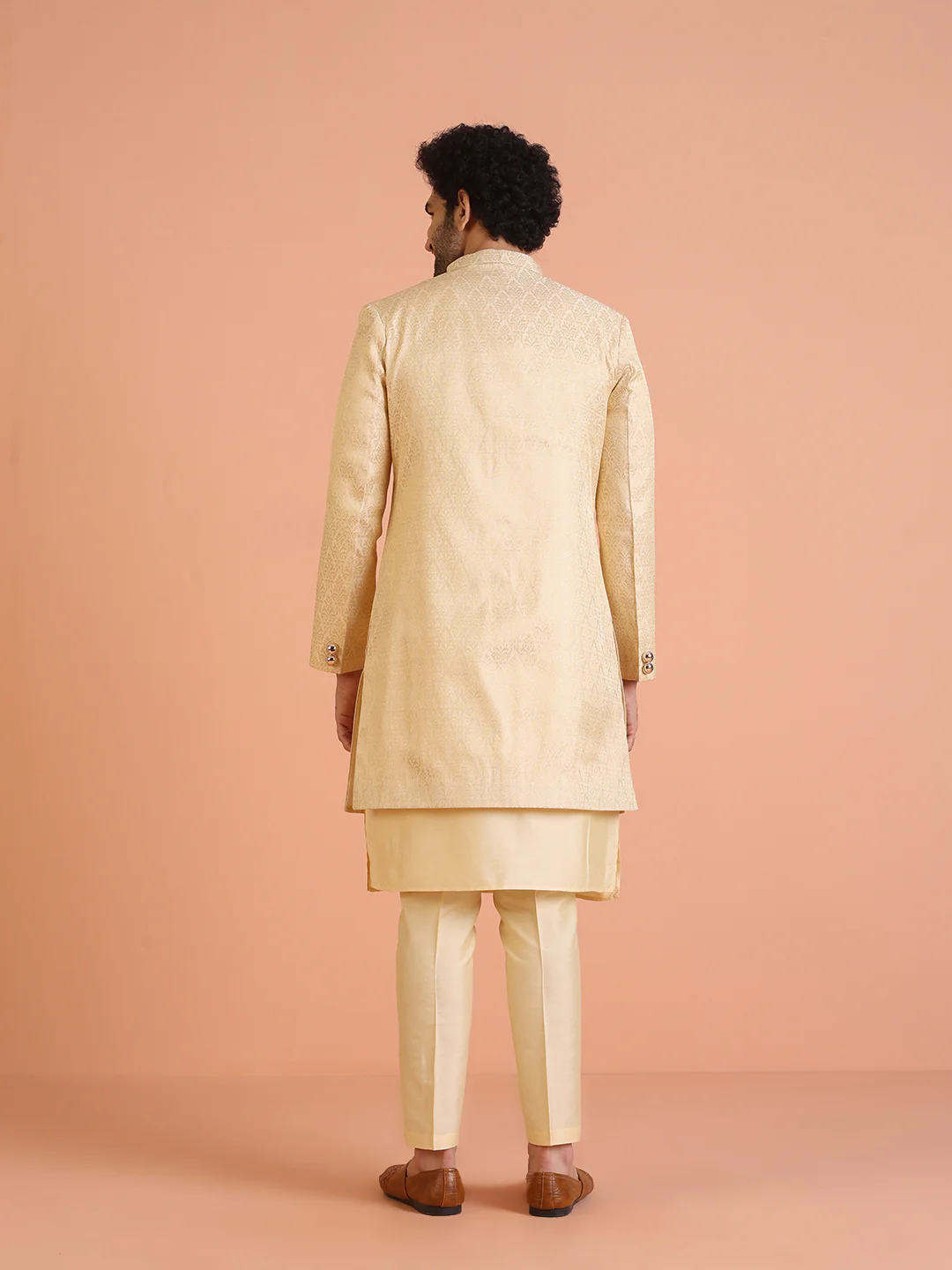 Men Cream Jacquard Ethnic Motifs Kurta Indowestern Trouser Set - Image 3