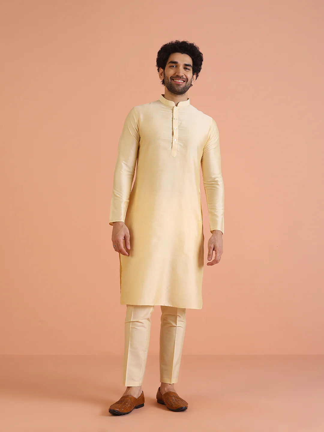 Men Cream Jacquard Ethnic Motifs Kurta Indowestern Trouser Set - Image 6