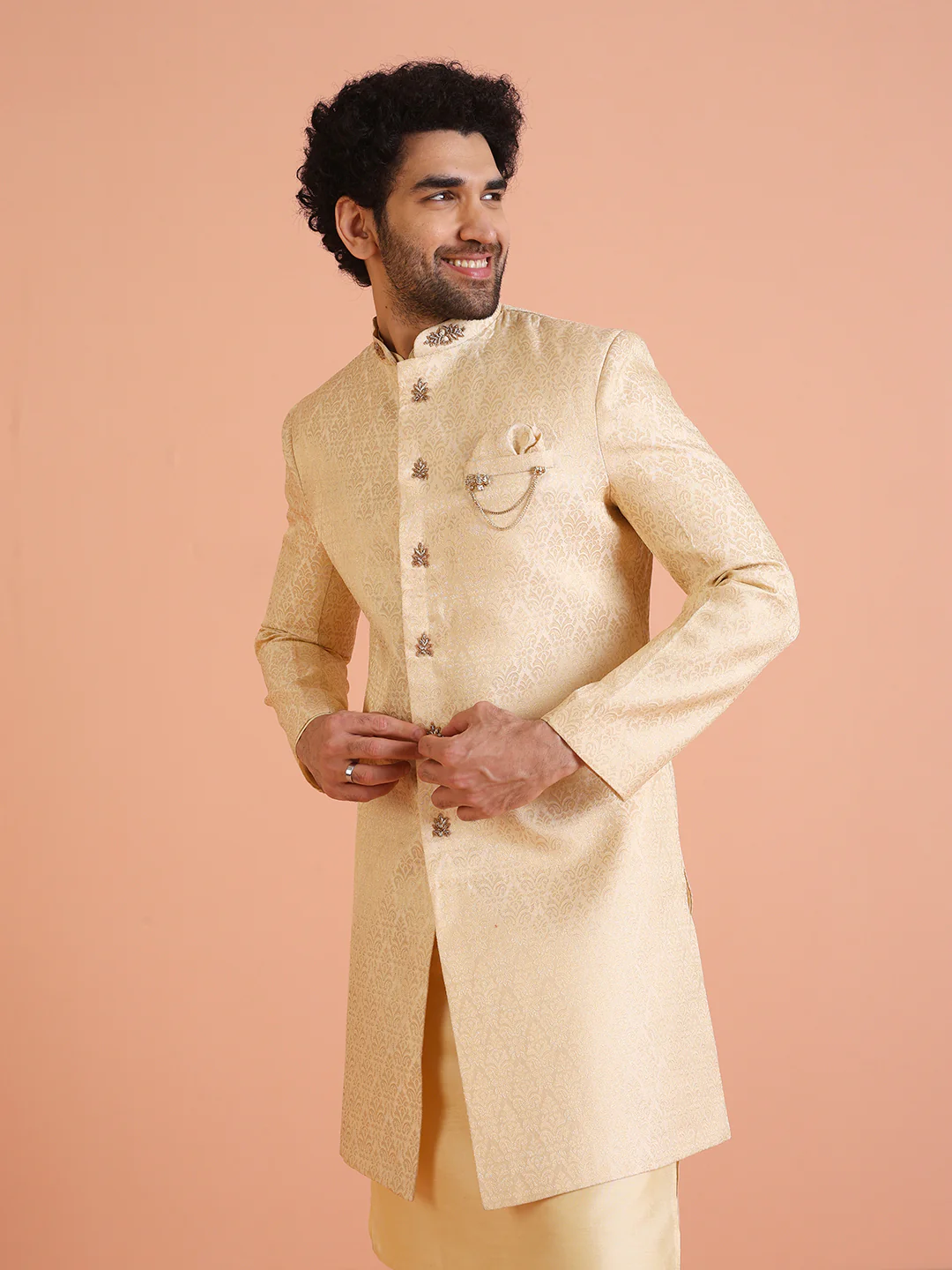 Men Cream Jacquard Ethnic Motifs Kurta Indowestern Trouser Set - Image 8