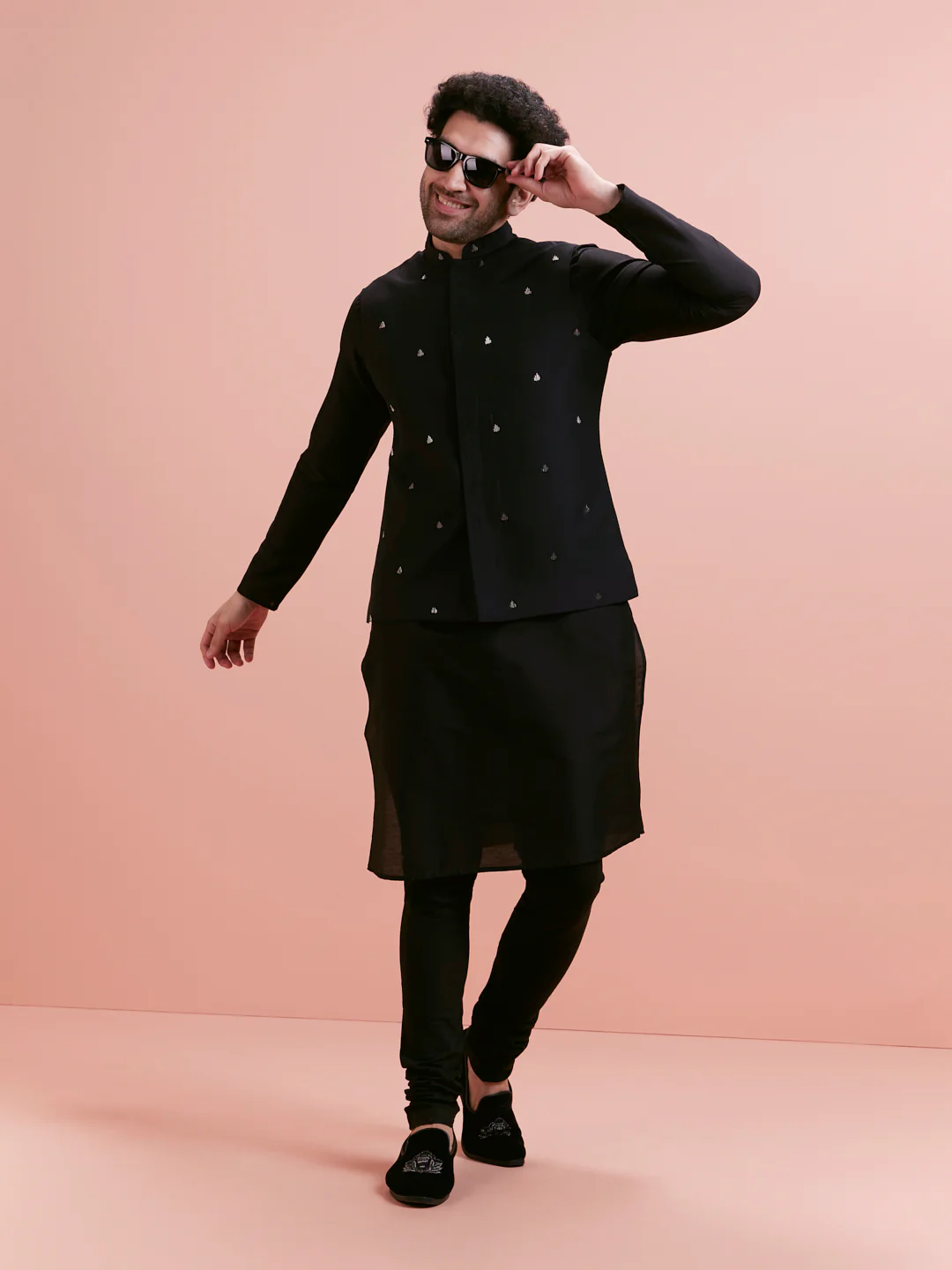 Black Silk Blend Embroidered Nehru Jacket Kurta Set