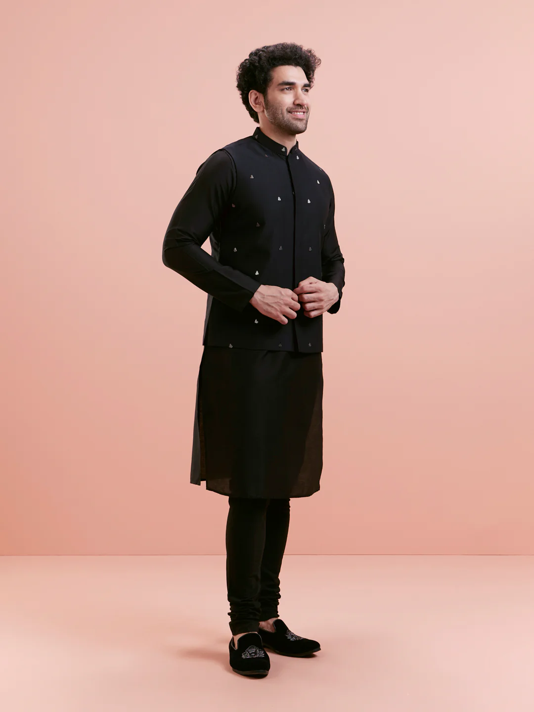 Black Silk Blend Embroidered Nehru Jacket Kurta Set - Image 2