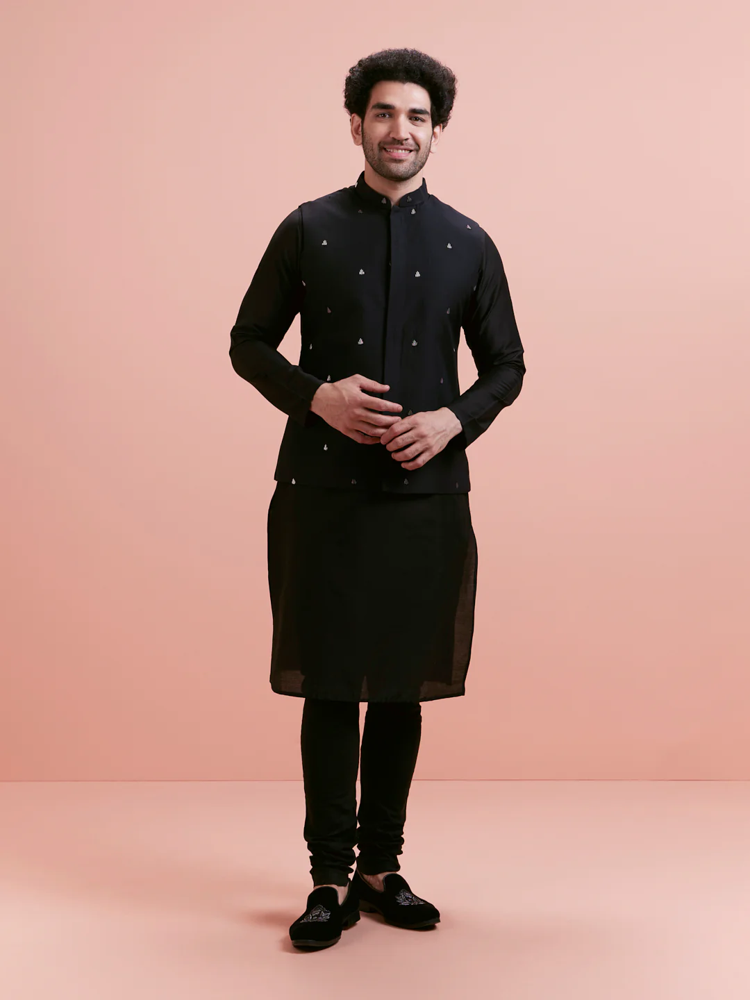 Black Silk Blend Embroidered Nehru Jacket Kurta Set - Image 5