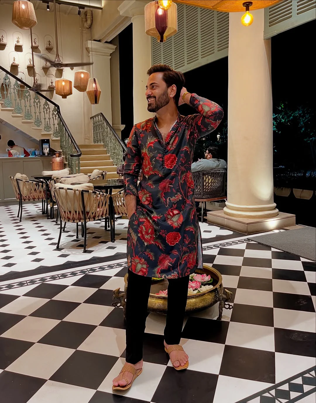 Black Silk Blend Kurta Set with Multicolor Floral Prints and Black Trousers for Festive & Wedding - Image 2