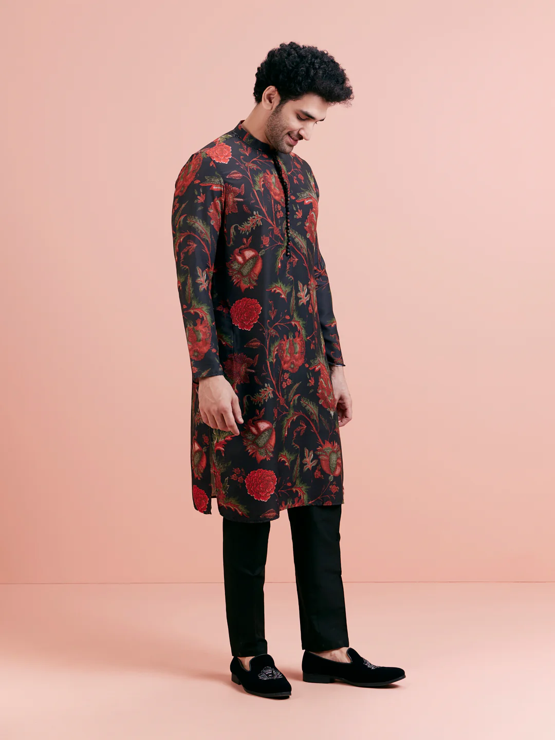 Black Silk Blend Kurta Set with Multicolor Floral Prints and Black Trousers for Festive & Wedding - Image 4