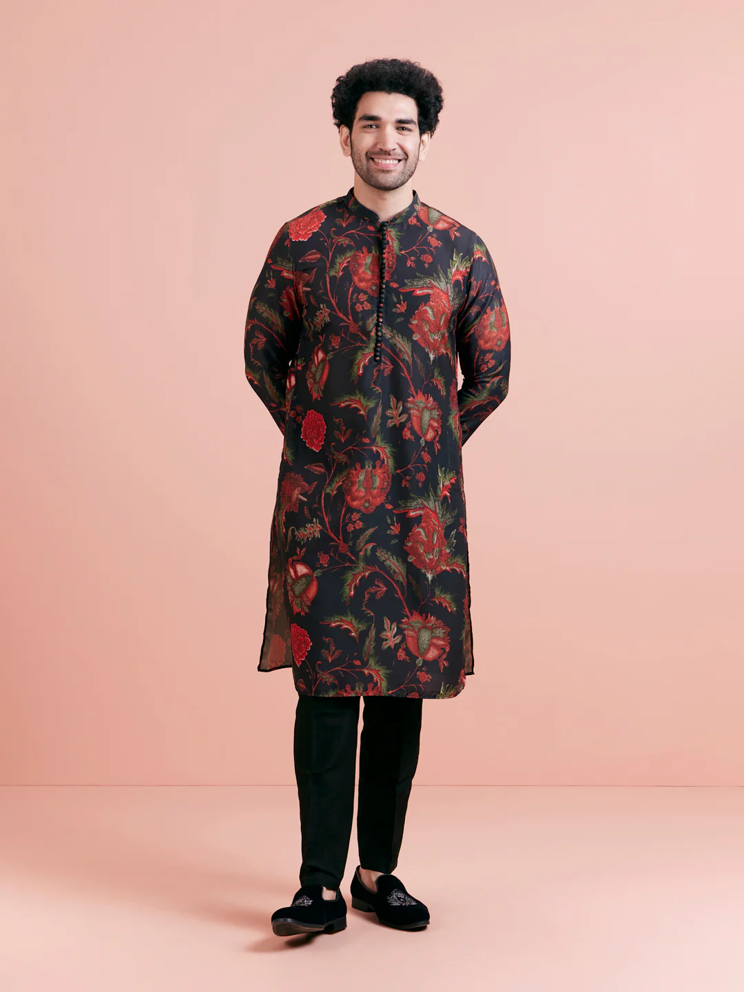 Black Silk Blend Kurta Set with Multicolor Floral Prints and Black Trousers for Festive & Wedding - Image 5