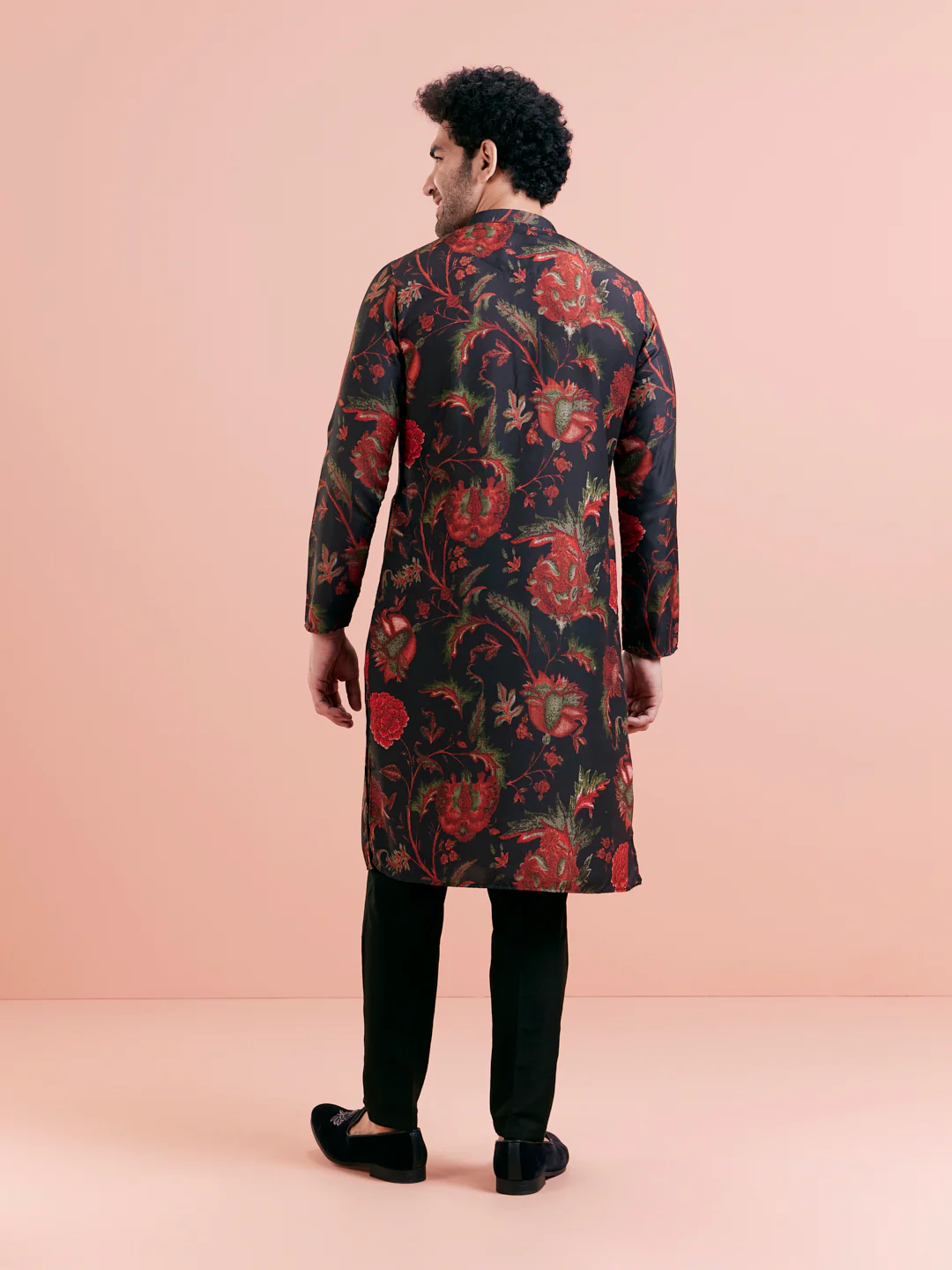 Black Silk Blend Kurta Set with Multicolor Floral Prints and Black Trousers for Festive & Wedding - Image 7