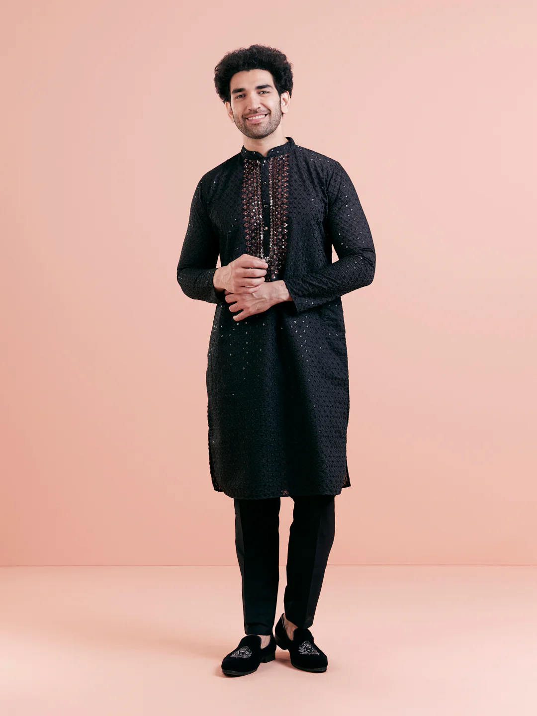 Black Silk Blend Embroidered Long Kurta set
